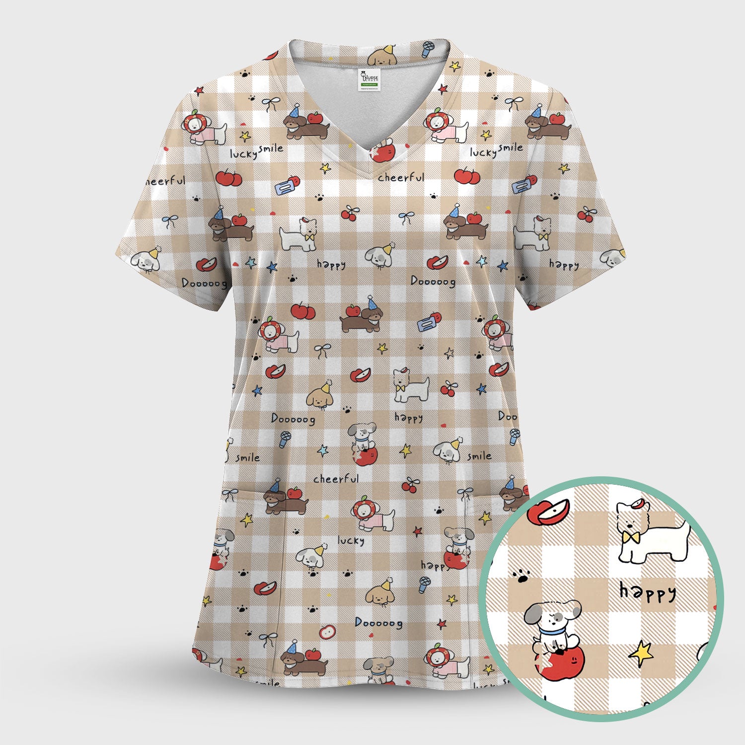 Cute Nurse Cartoon Puppy Apple Gingham Scrub Top, Breathable Fabrics Nursing Uniform