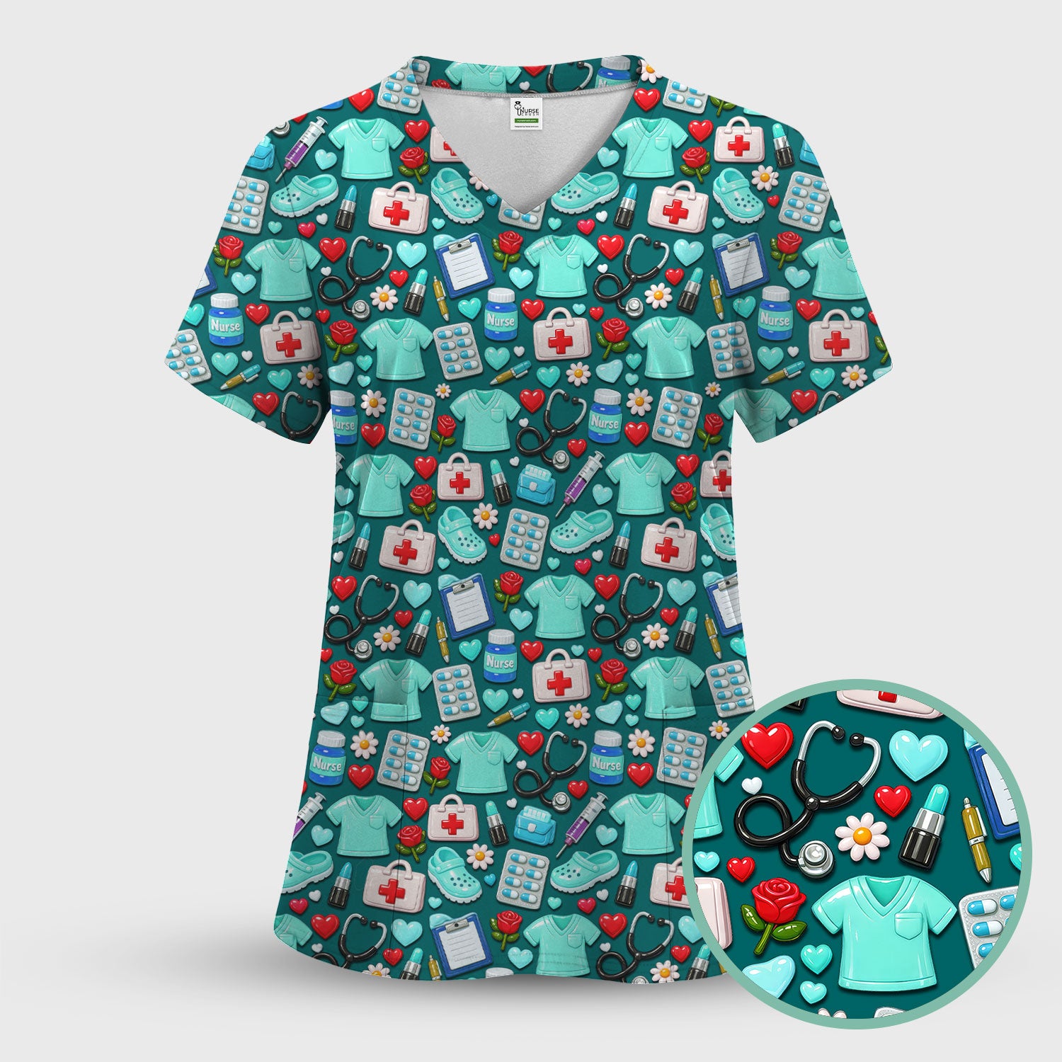 Medical Icons Scrub Top, Cute Pattern Nurse Shirt, Breathable Fabrics Nursing Uniform