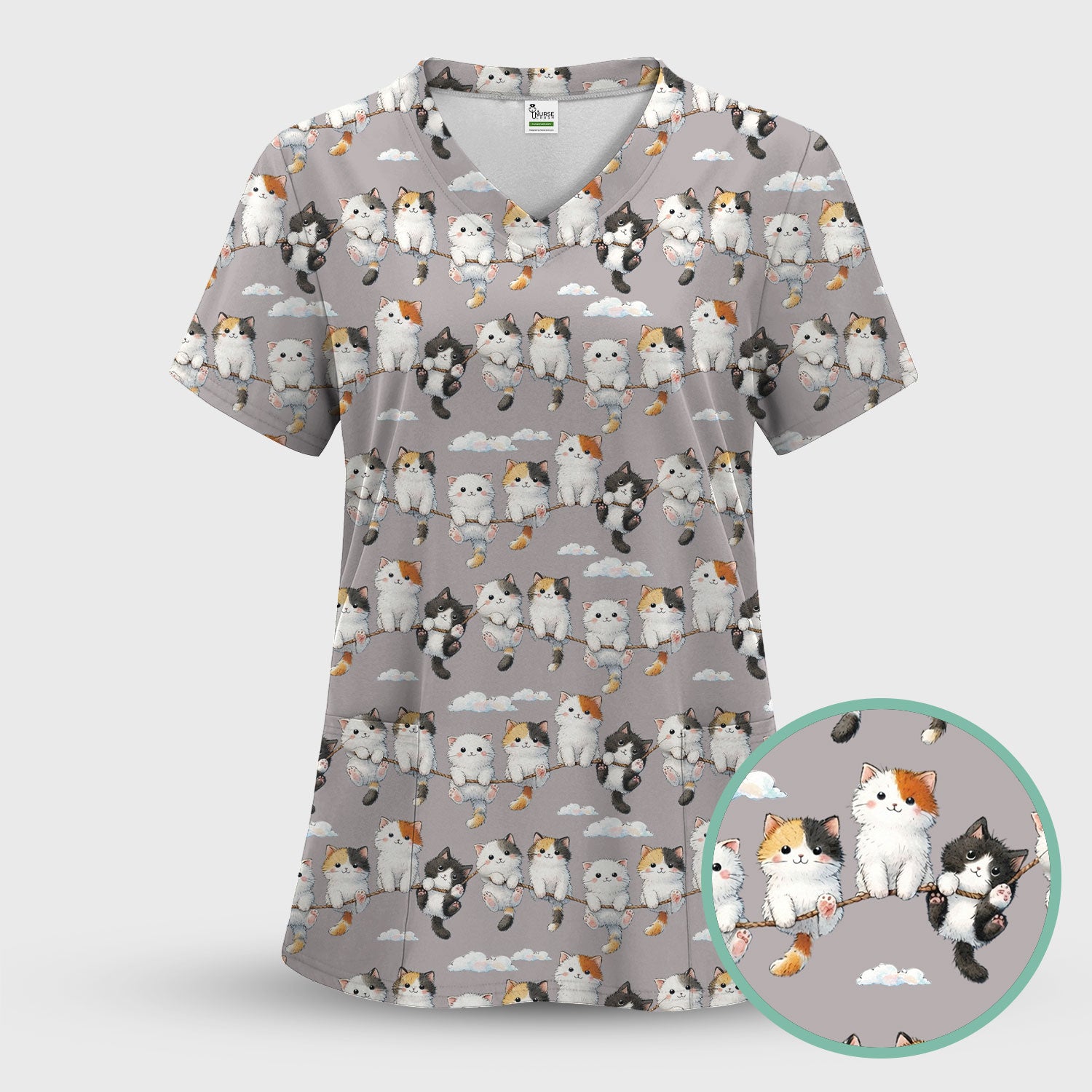 Cute Cats Sitting on Rope Pattern Scrubs Top, Comfortable Scrubs for Nurses