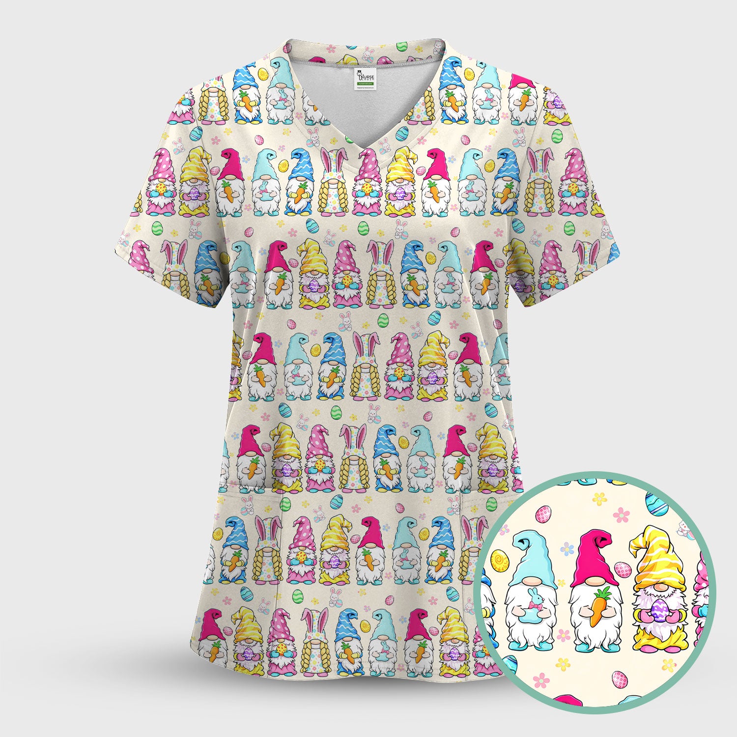 Colorful Easter Gnome Bunny Eggs Pattern Scrub Set, Women's Scrub Sets