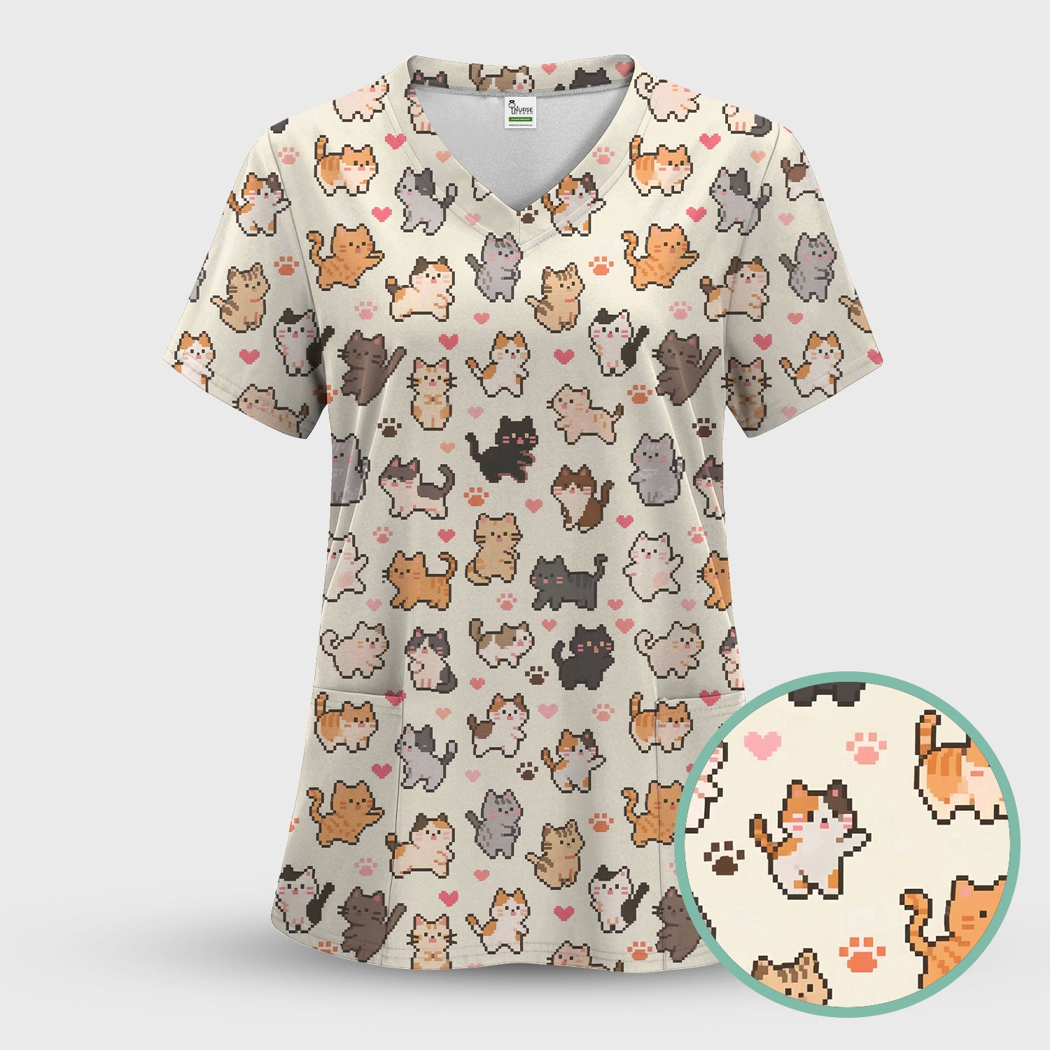 Cute Pixel Cat Heart Paw Pattern Scrub Top, Breathable Fabrics Nursing Uniform