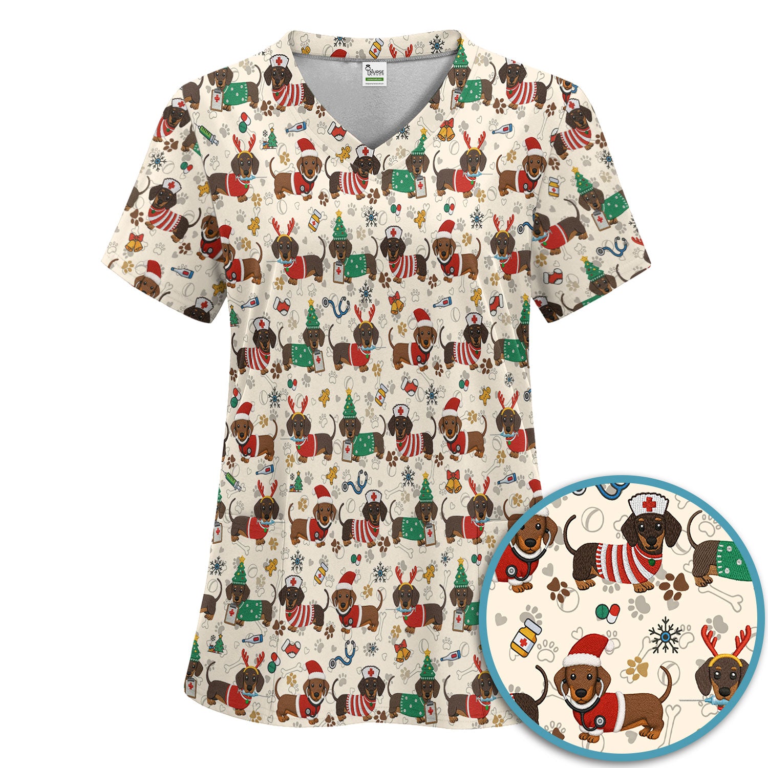 Christmas Dachshund Scrub Set for Nurses - Cute Wiener Dog Scrubs Pants and V Neck Top - Cute Puppy Med Uniform Gift for Women