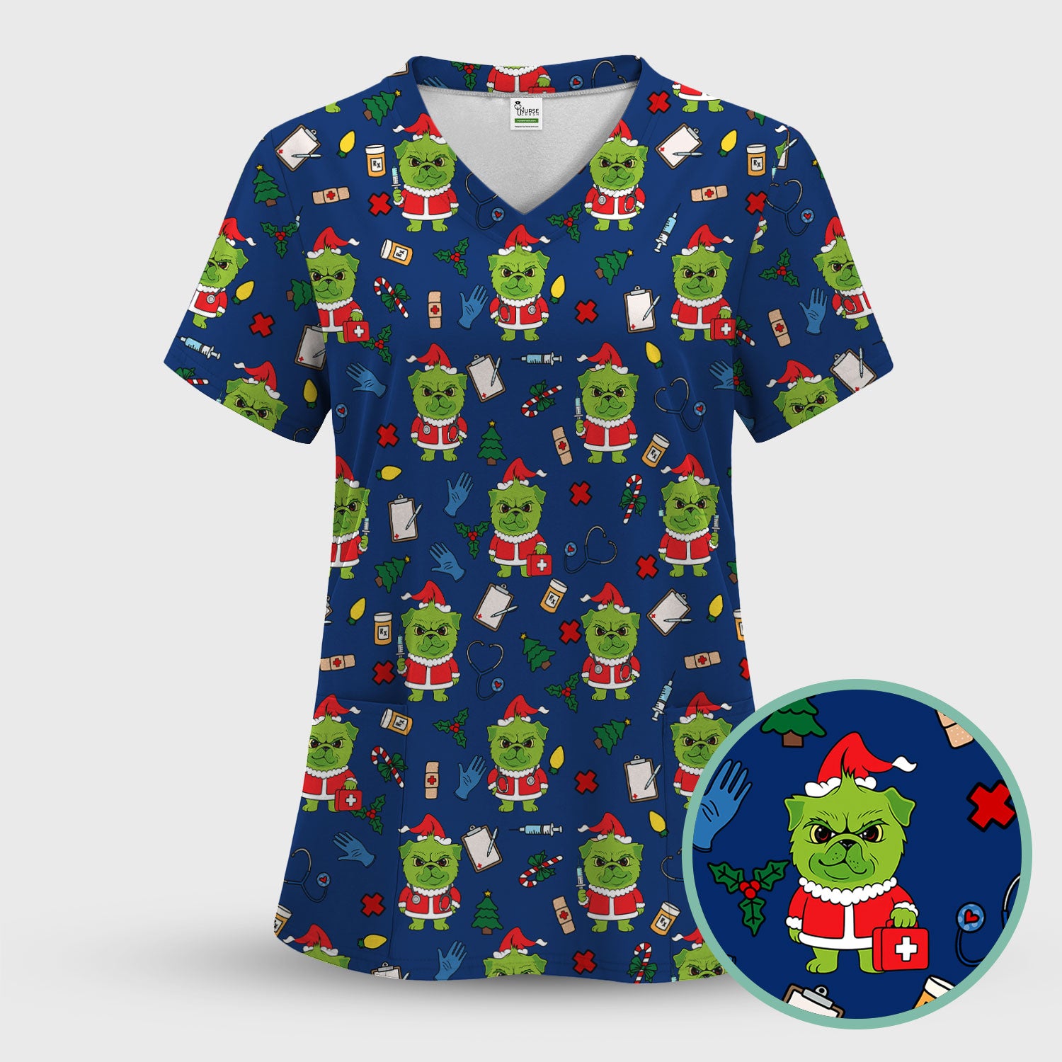 Funny Nurse Christmas Scrubs Set - Grumpy Dog Pattern with Medical Tools - Festive Holiday Scrub Top and Pants for Women
