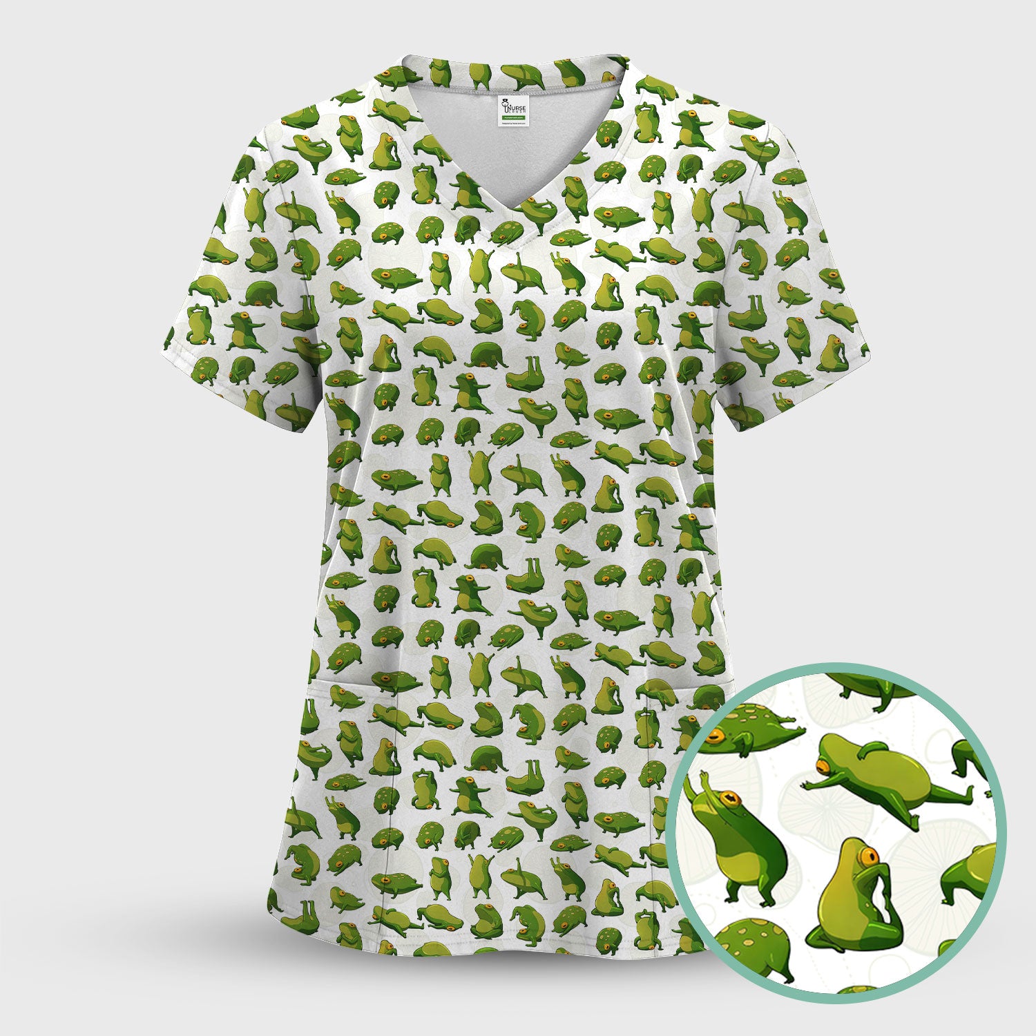 Cute Frog Cartoon Pattern Scrub Top, Comfortable Scrubs for Nurses