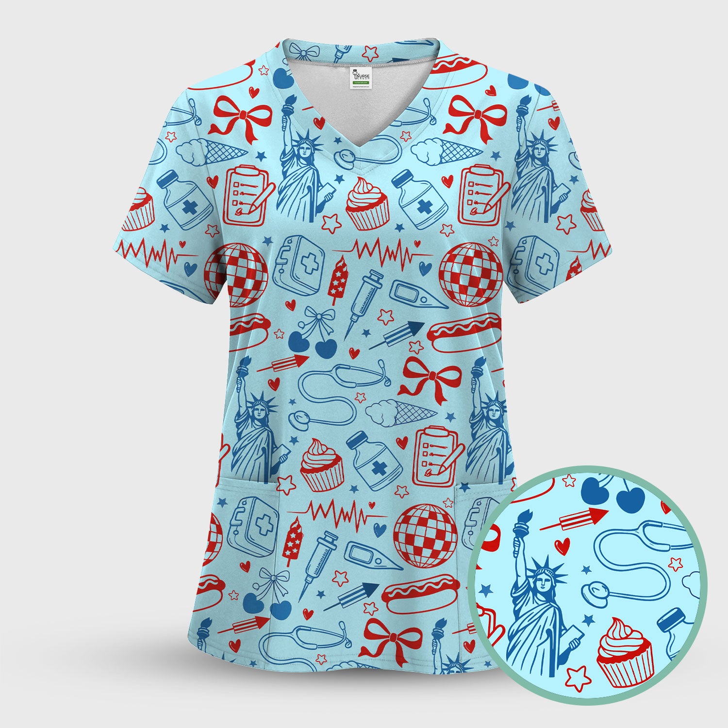 Patriotic Nurse Medical Icons Pattern Scrub Set, Scrub Pants and V Neck Top