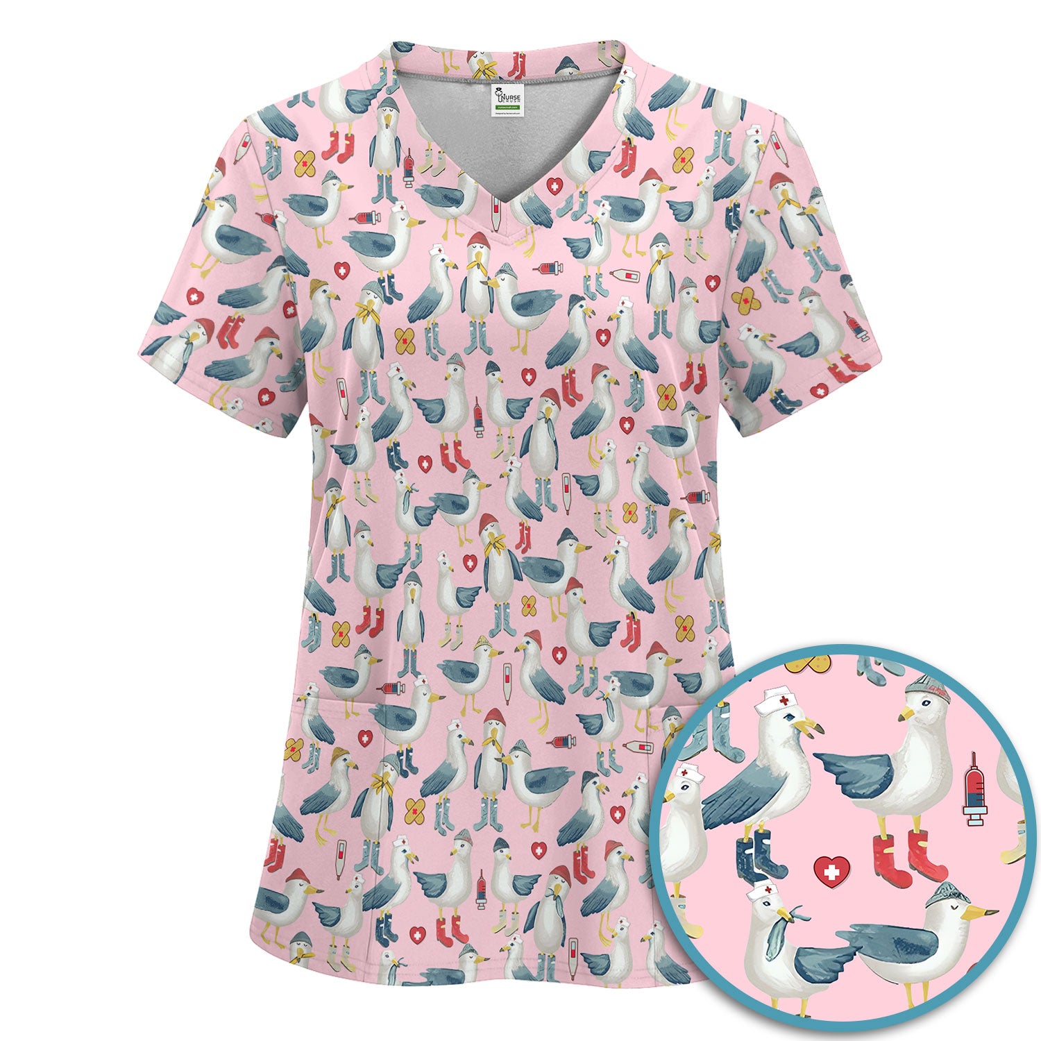 Funny Seagull Nurse Scrub Set - Cute Bird with Medical Icons Scrubs Pants and V Neck Top - Comfortable Scrubs for Women