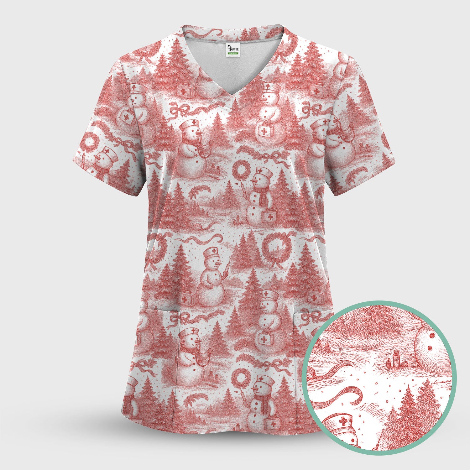 Christmas Scrub Top for Women – Toile de Jouy Snowman and Medical Pattern – Vintage Holiday Nurse Scrubs for Festive Season