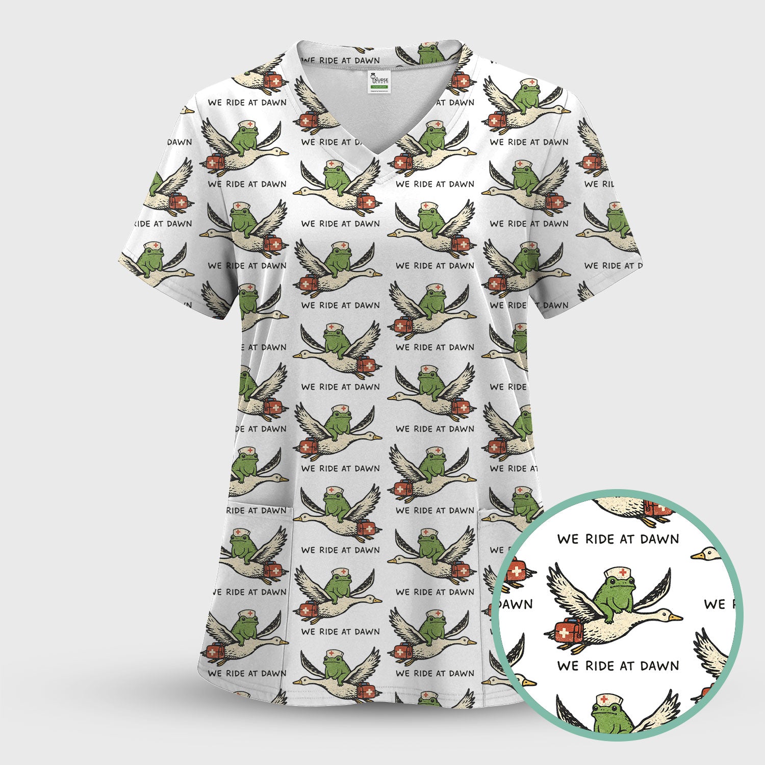 Funny Frog Riding Goose Nurse Pattern Scrub Set, Nurse Uniform Scrubs Set