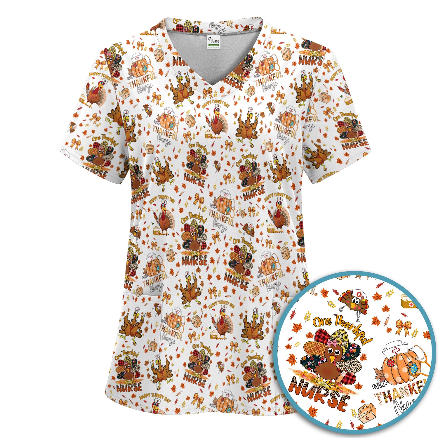 Thanksgiving Scrub Set for Women - Turkey Pumpkin Scrub Top and Pants for Nurses - Fall Med Uniform for RN CNA LPN
