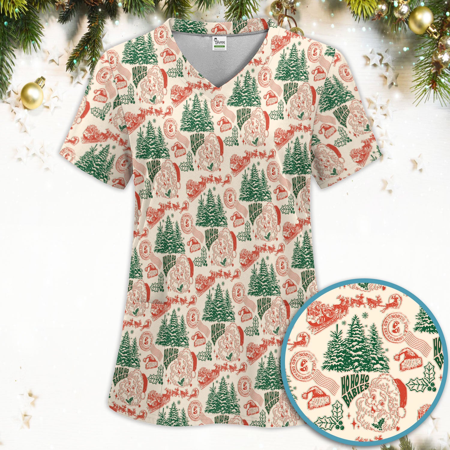 Christmas Santa Scrub Set, Vintage Holiday Nurse Shirt, Festive Medical Uniform For Nursing