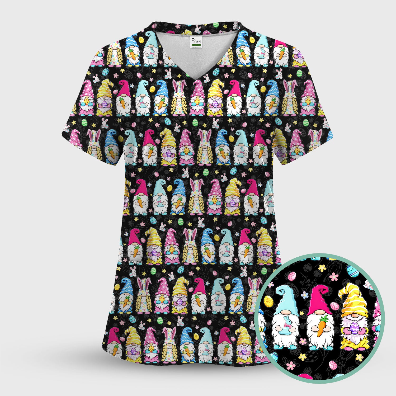 Colorful Easter Gnome Bunny Eggs Print Scrub Top, Comfortable Scrubs for Nurses