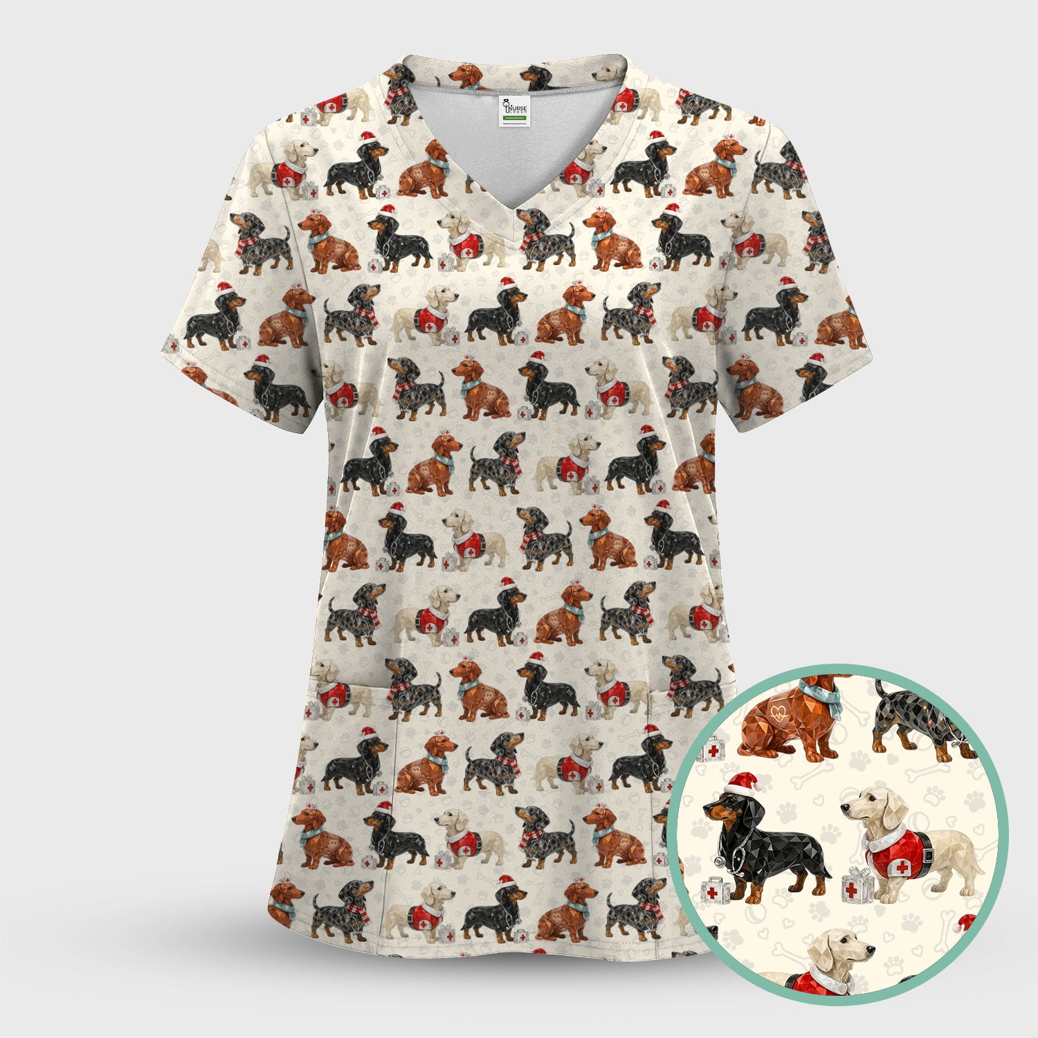 Funny Dachshund Christmas Dog Nurse Scrub Top, Holiday Puppy Medical Uniform Shirt For Nursing