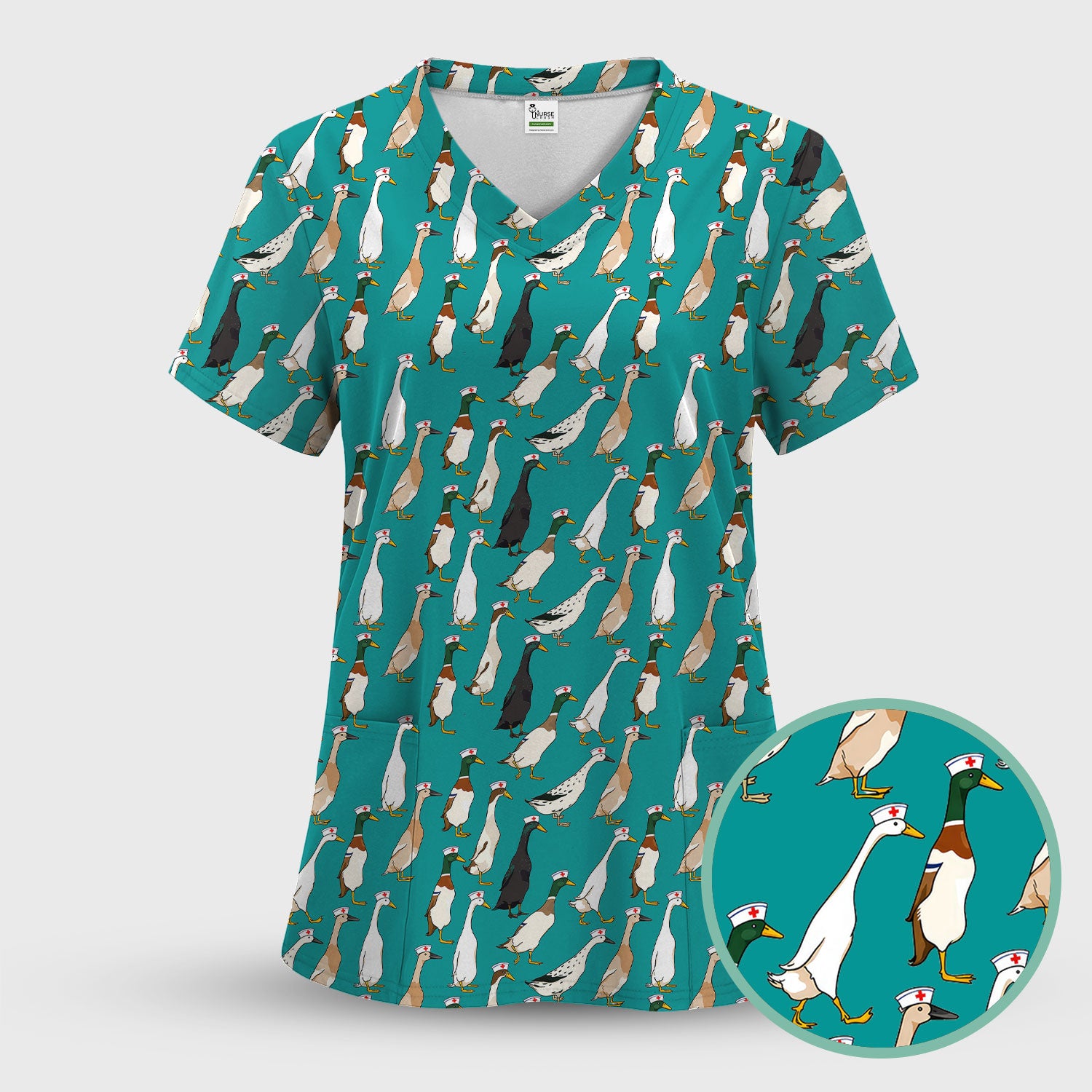 Funny Nurse Duck Pattern Scrub Top, Comfortable Scrubs for Nurses