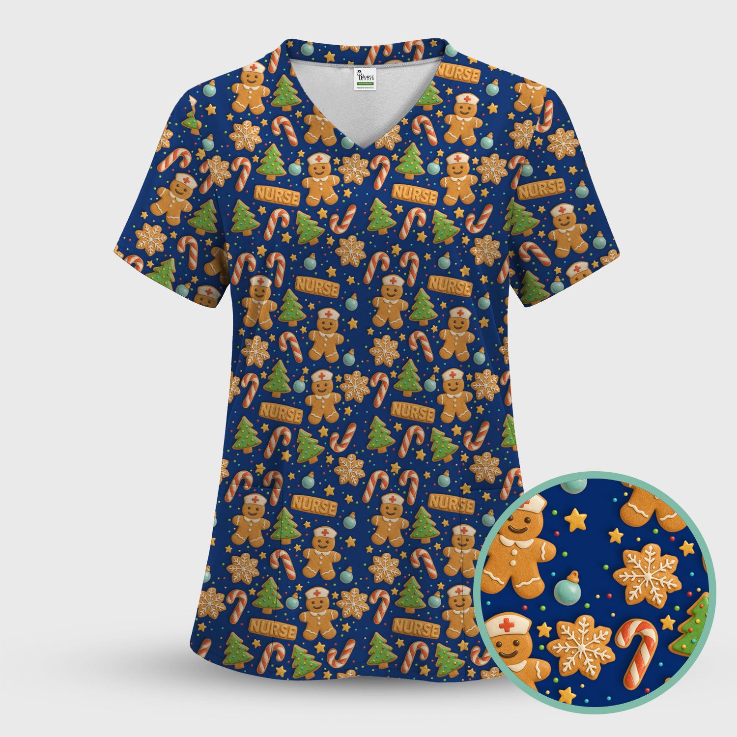 Gingerbread Scrubs Christmas Edition - Cute Cookie Pattern Medical Scrub Top for Women - Holiday Christmas Scrubs with Fun Festive Print