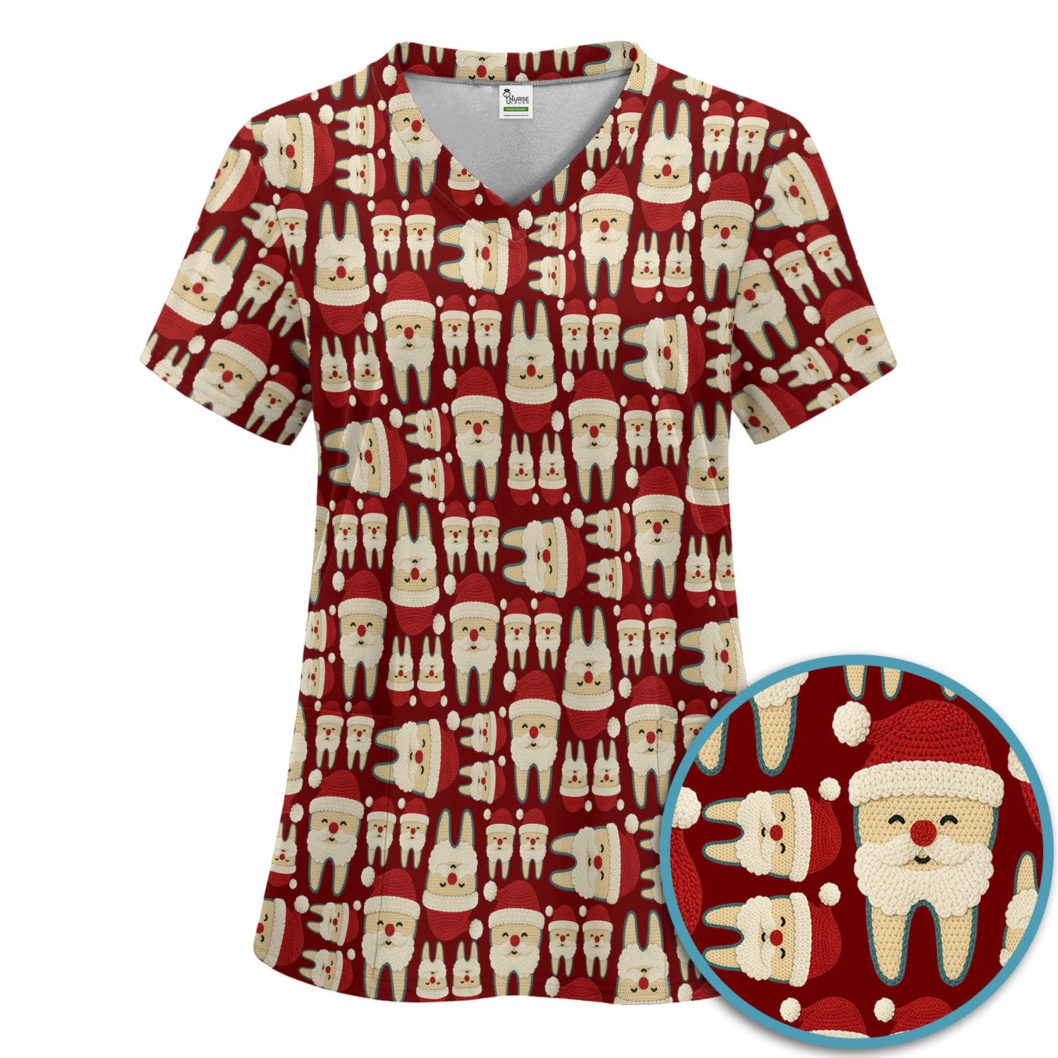 Christmas Tooth Scrub Set - Cute Santa Tooth Pattern for Dentists & Hygienists - Crochet Style Holiday Medical Uniform for Women