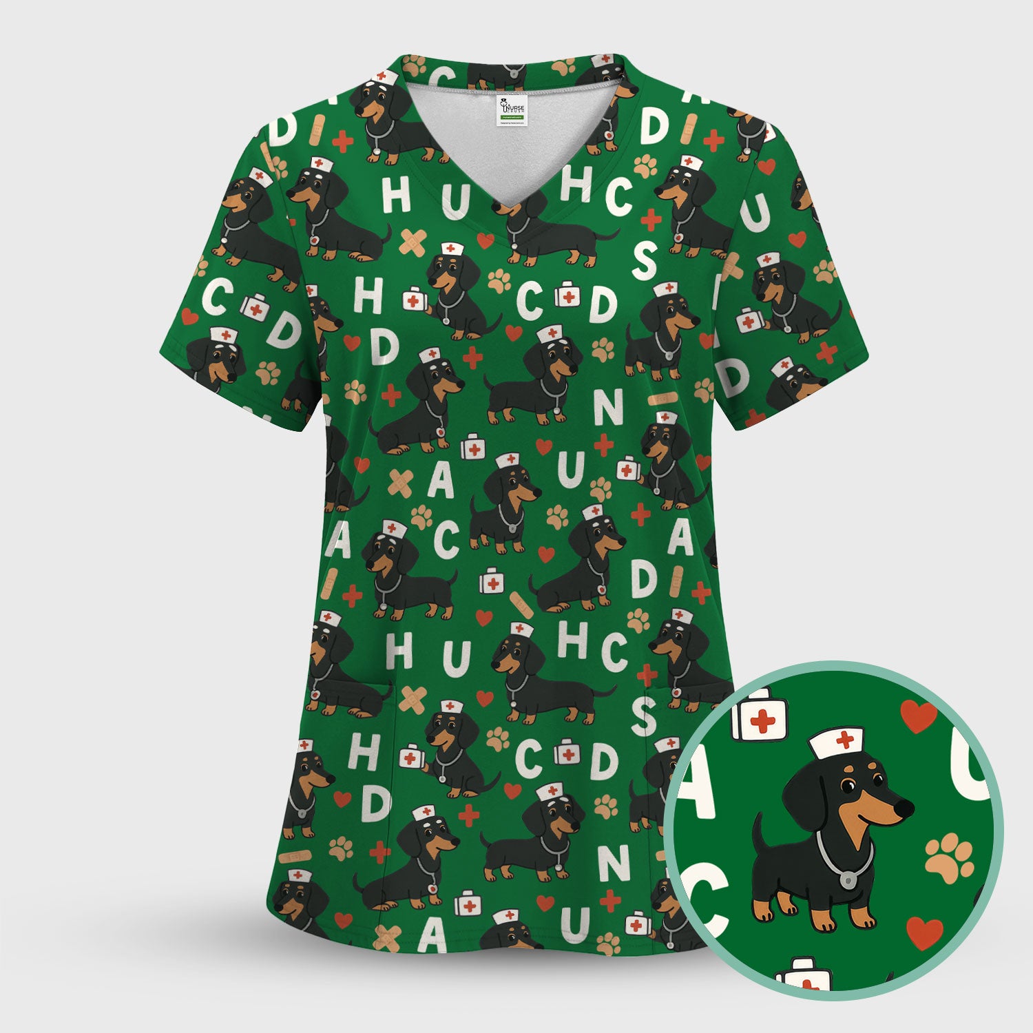 Sausage Dog Print Scrub Top - Cute Dachshund Nurse Shirt for Women - Animal Pattern Medical Scrubs Gift for Healthcare Workers