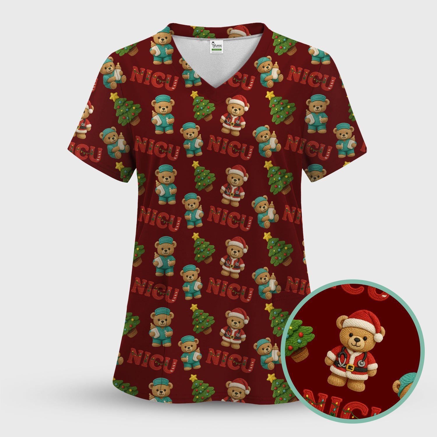 Festive Christmas NICU Nurse Teddy Bear Pattern Scrub Set, Breathable Med Uniform