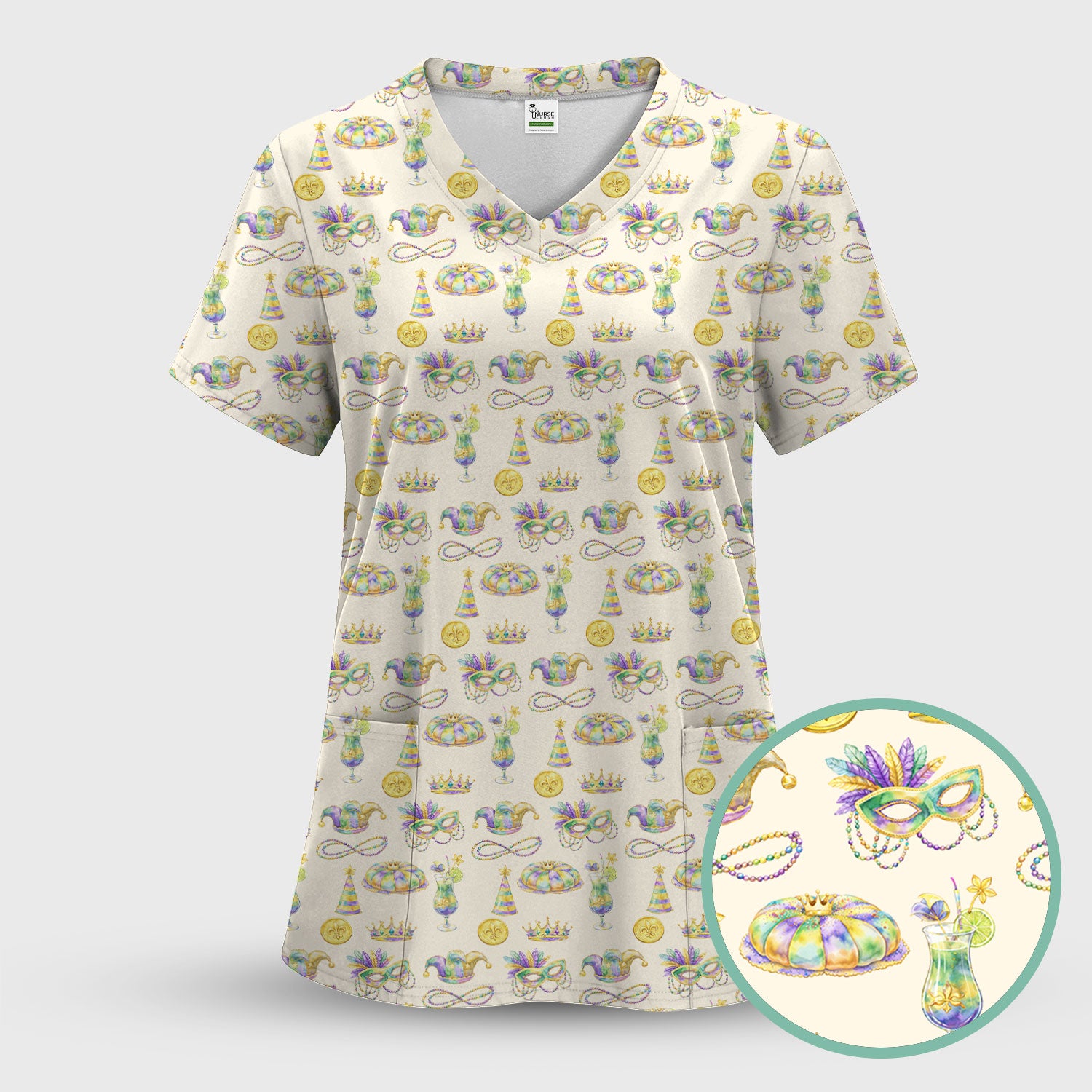 Mardi Gras Mask Scrub Top, Elegant Carnival Pattern Nurse Shirt For Women, Breathable Fabrics Nursing Uniform