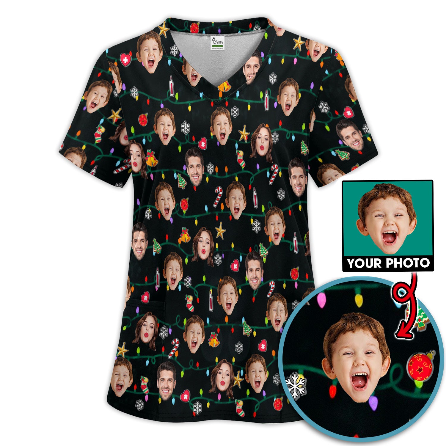 Personalized Xmas Photo Scrub Set, Christmas Custom Face Scrub Shirt, Breathable Fabrics Nursing Uniform