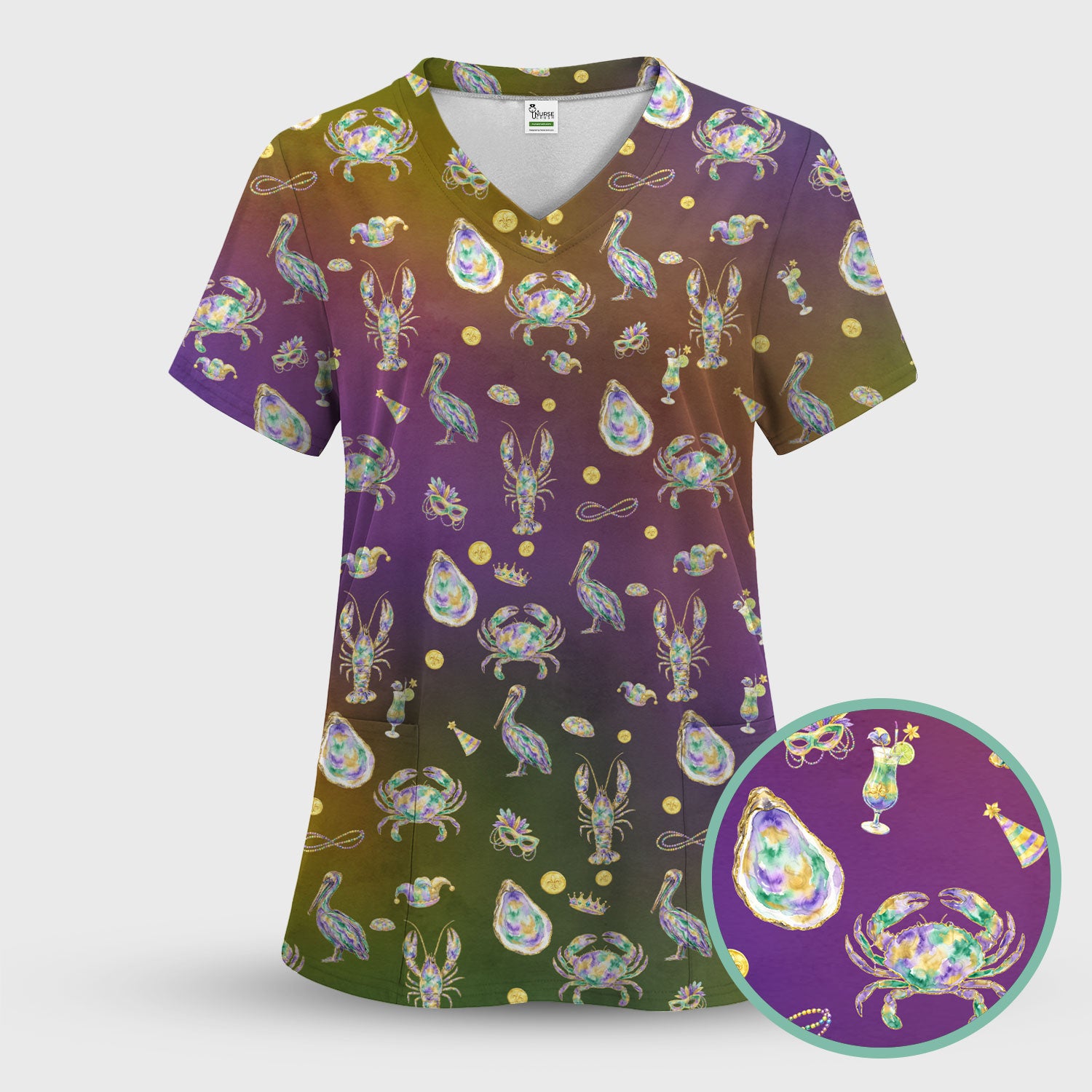 Mardi Gras Seafood Nurse Scrub Set, Comfortable Uniform Scrubs For Nursing