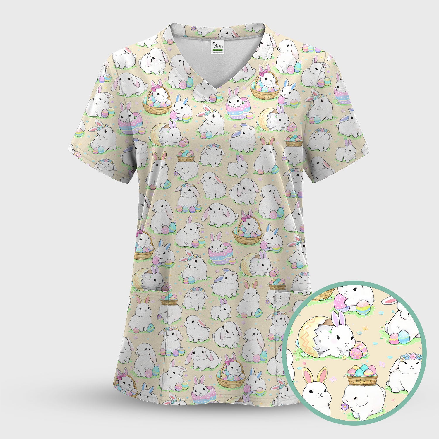 Cute Easter Bunny Egg Pattern Scrub Top, Comfortable Scrubs for Nurses