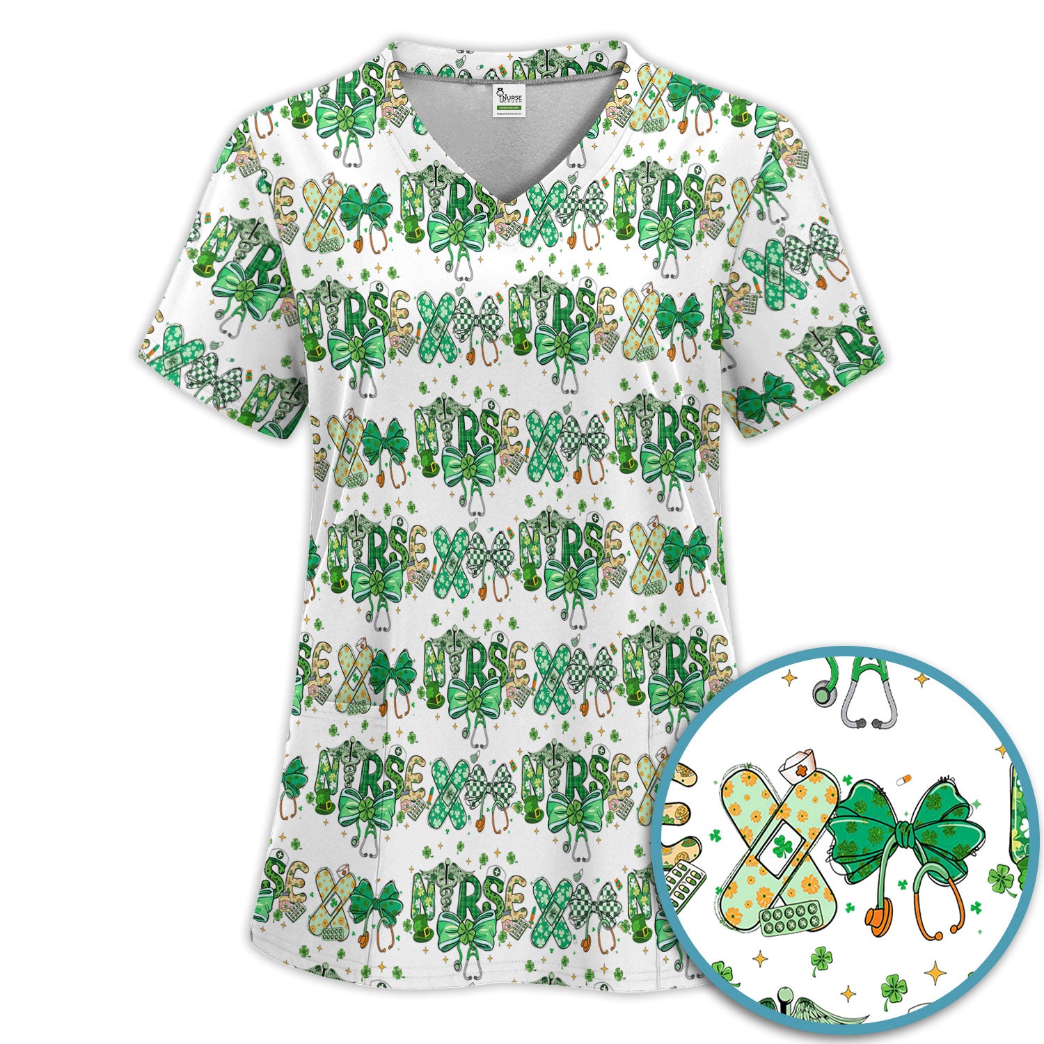 St. Patrick’s Nurse Scrub Set, Lucky Clover And Green Bow Pattern Nurse Shirt, Breathable Fabrics Nursing Uniform