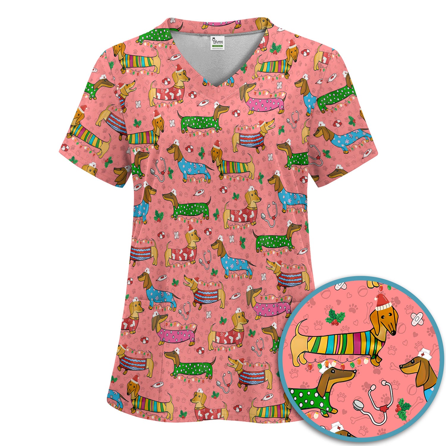 Christmas Scrub Set for Women - Funny Dachshund Scrubs Pants and V Neck Top - Cute Holiday Medical Uniform Gift for RN LPN CNA
