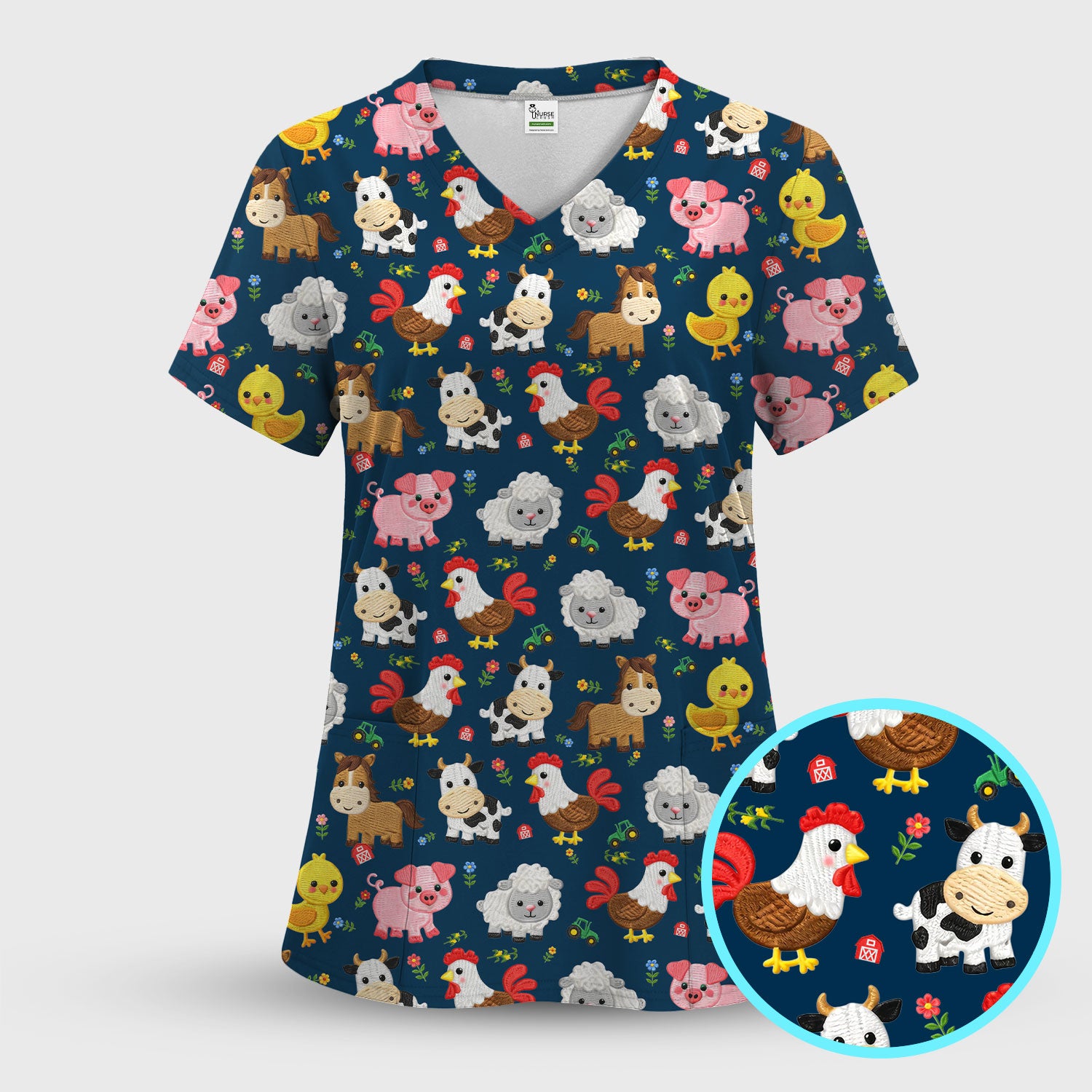 Cartoon Farm Animal Pattern Scrub Top, Breathable Fabrics Nursing Uniform