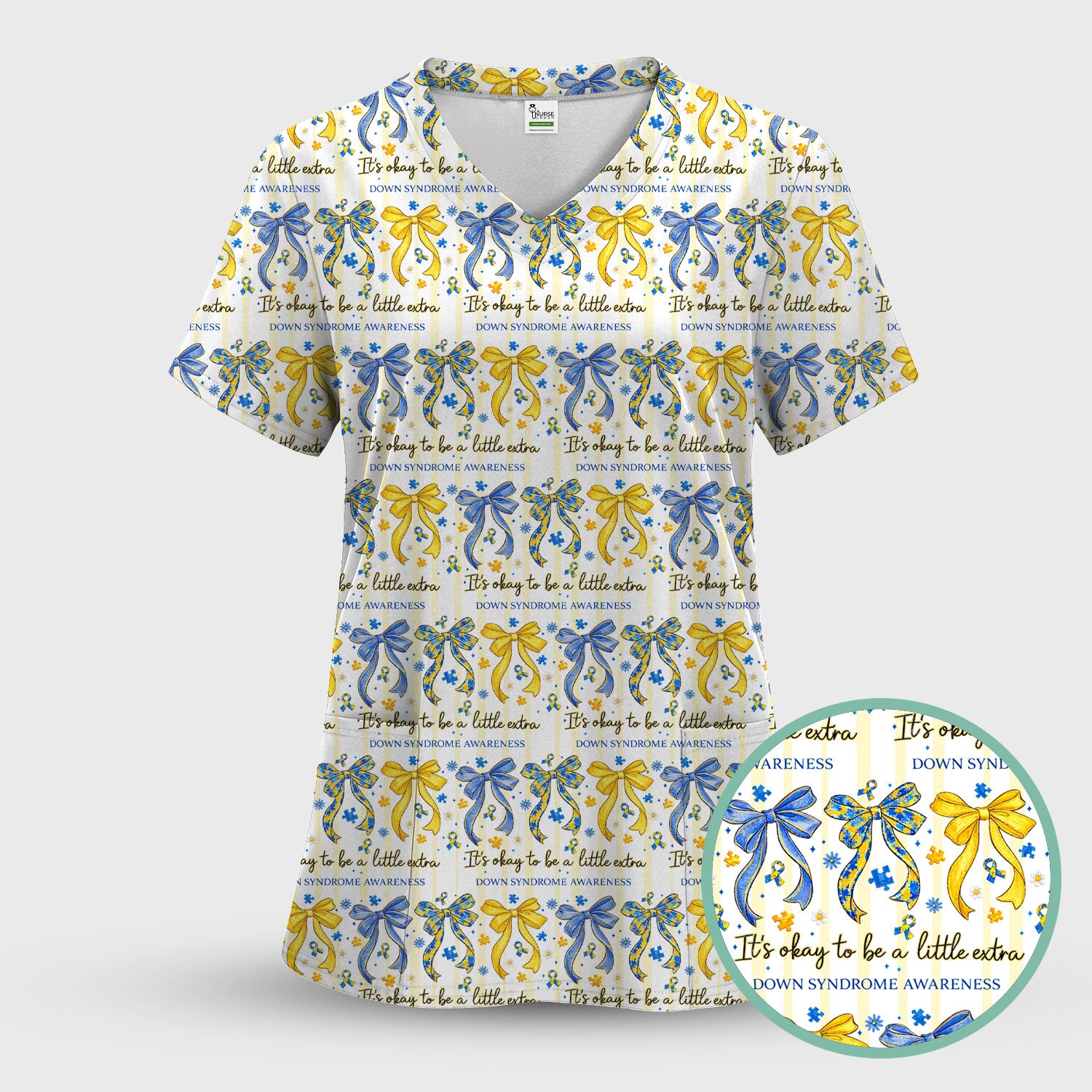Down Syndrome Awareness Ribbon Pattern Scrub Top Comfortable Nurse Workwear Top