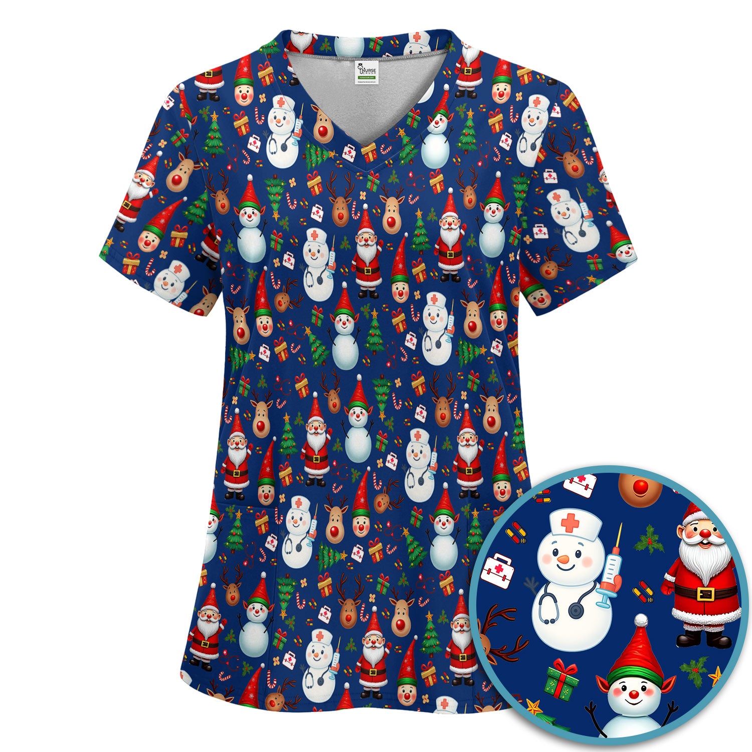 Christmas Nurse Scrub Set - Cute Snowman Santa Reindeer Pattern Medical Uniform - Festive Holiday Scrubs Pants and V Neck Top