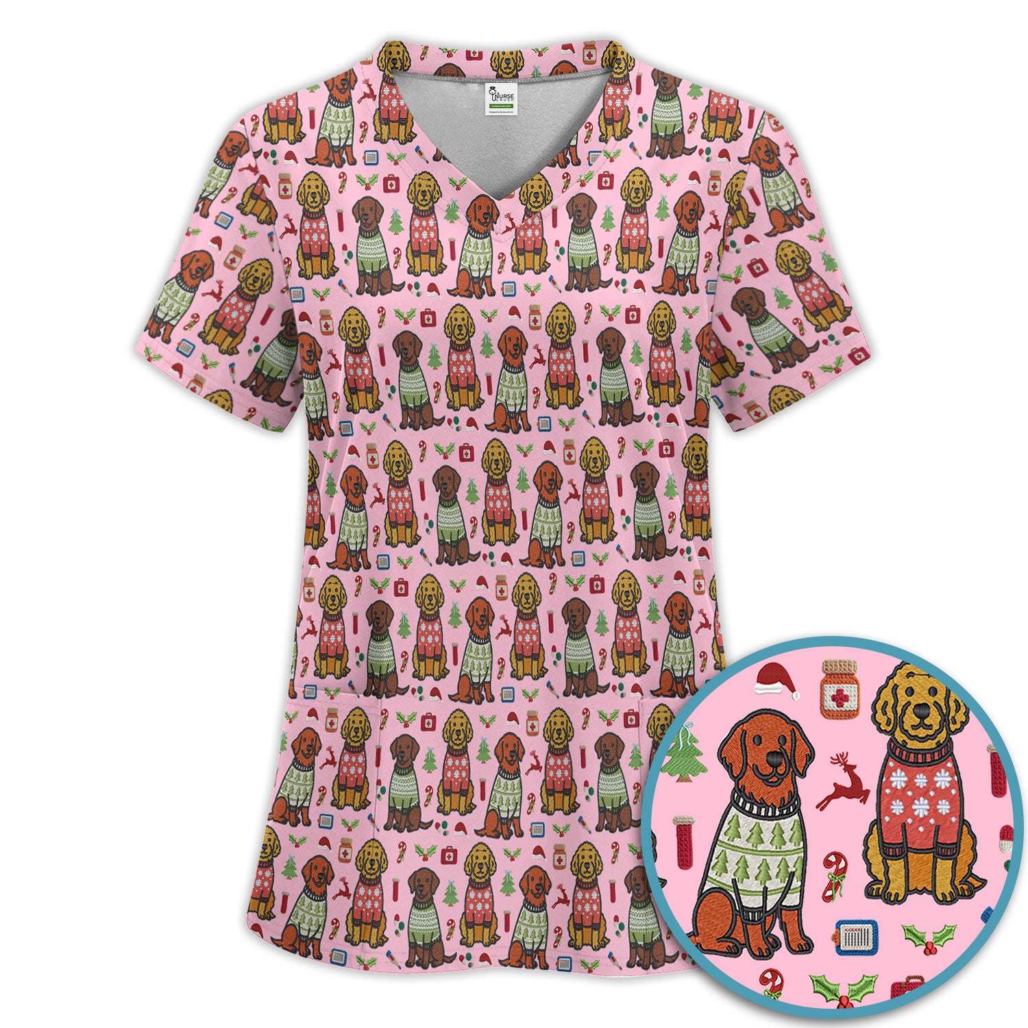 Golden Retriever Christmas Scrub Set, Cute Holiday Dog Nurse Pattern Shirt, Breathable Fabrics Nursing Uniform