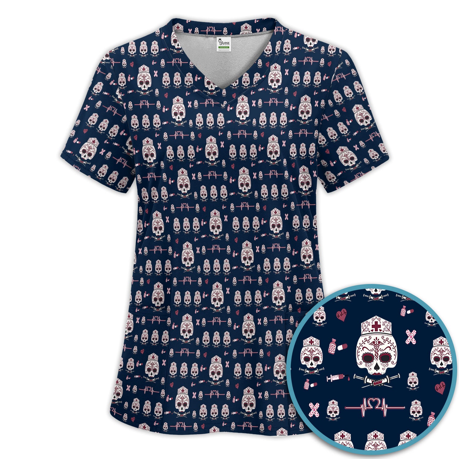 Sugar Skull Scrub Set, Skull Pattern Scrub Shirt, Breathable Fabrics Nursing Uniform