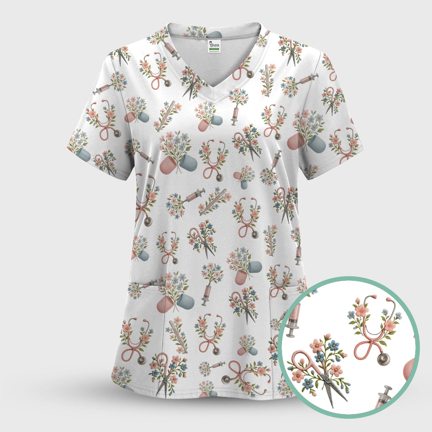 Floral Medical Scrub Set, Elegant Stethoscope With Flower Nursing Shirt, Breathable Fabrics Nurse Uniform