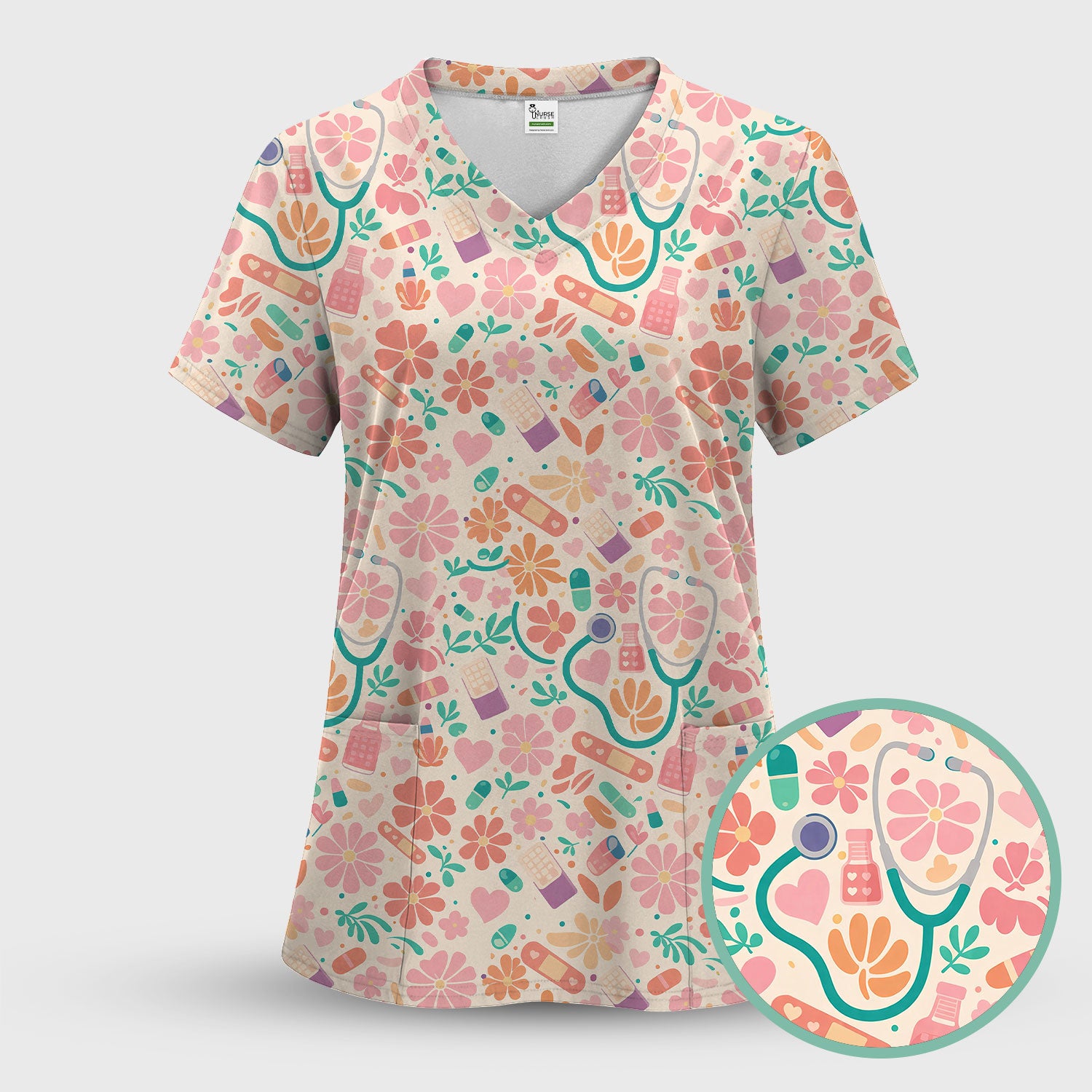 Cute Medical Floral Pattern Scrub Set, Scrub Pants and V Neck Top