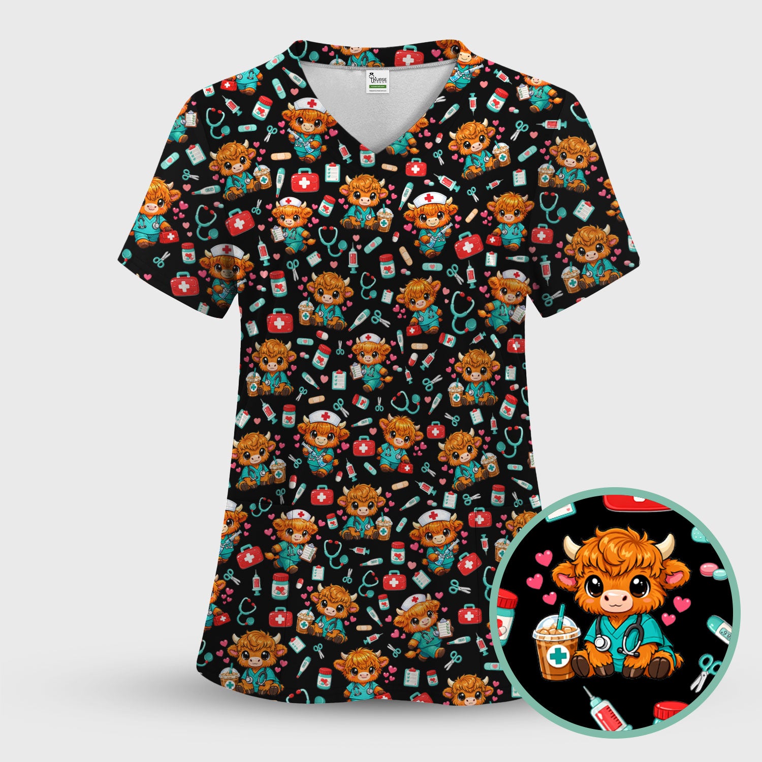 Cute Highland Cow Nurse Scrub Top, Kawaii Medical Pattern Shirt, Breathable Fabrics Nursing Uniform