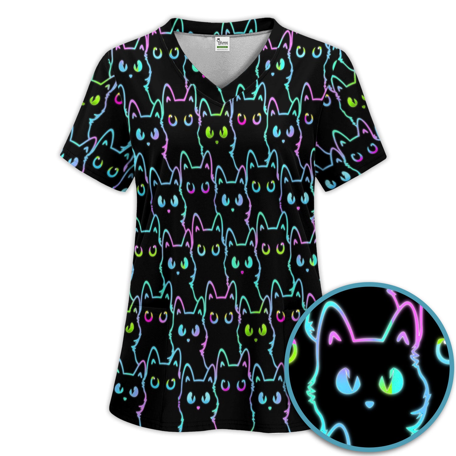 Neon Cat Pattern Scrub Set, Black Cat Scrub Shirt, Breathable Fabrics Nursing Uniform