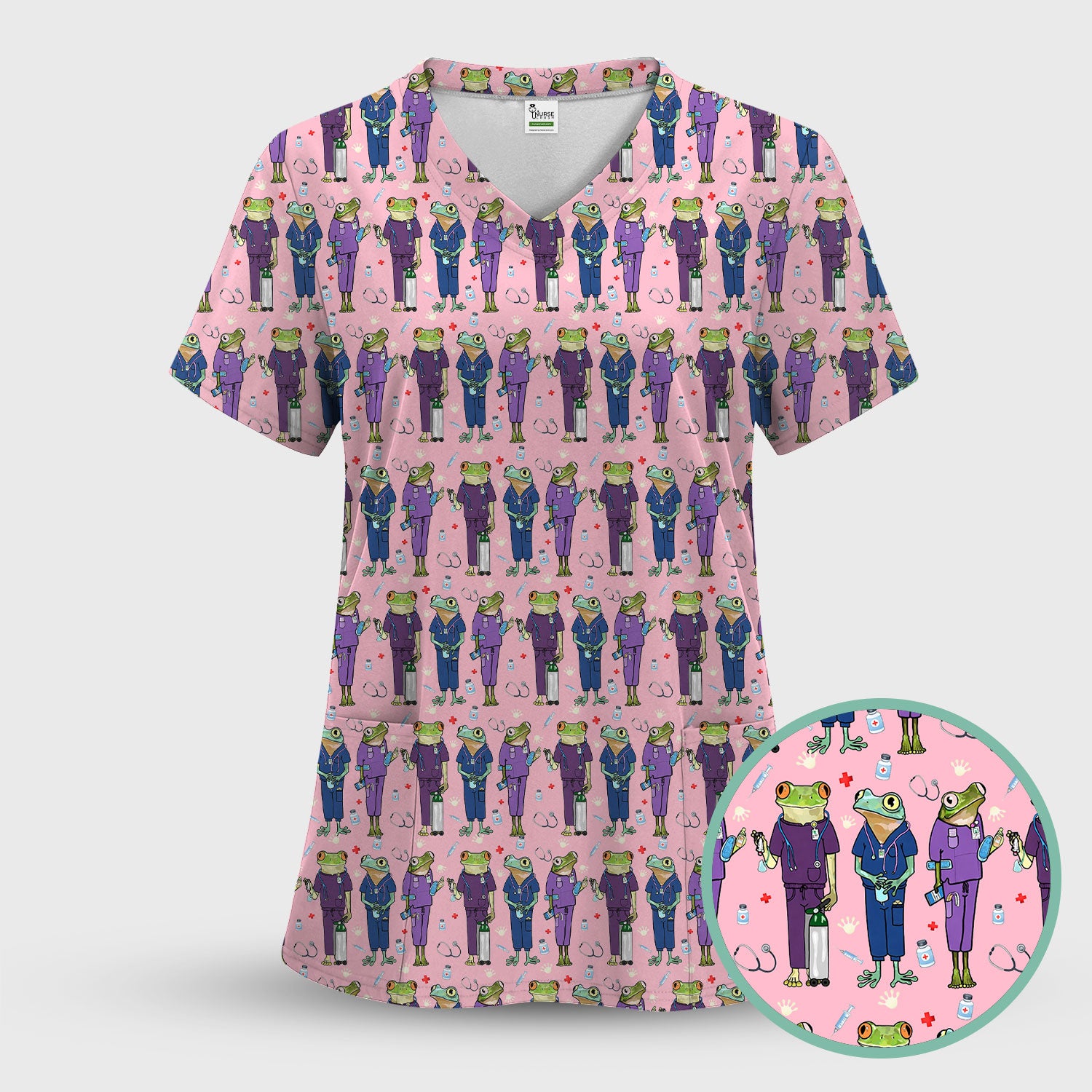 Funny Frog Nurse Pattern Scrub Set, Scrub Pants and V Neck Top