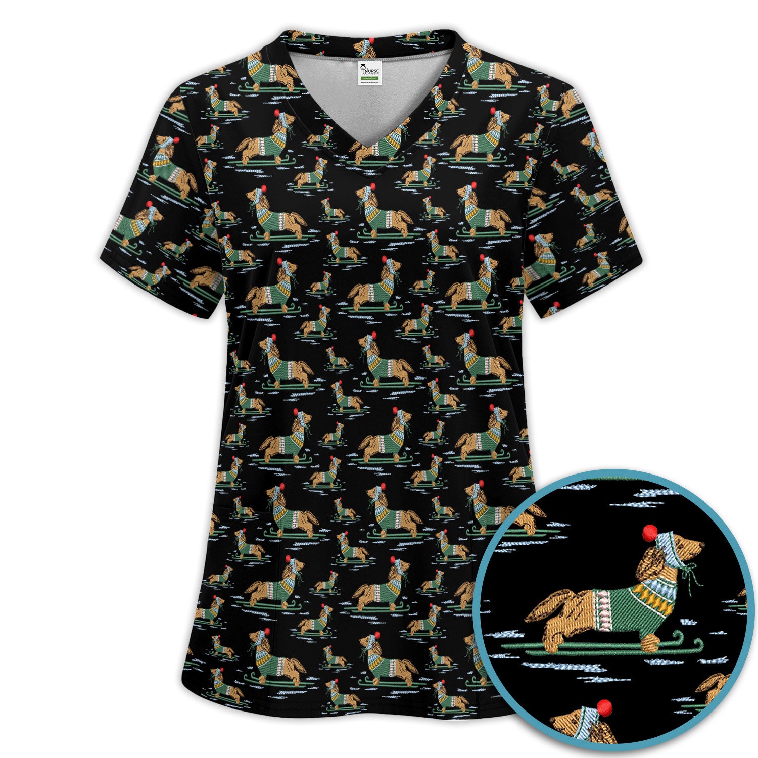 Dachshund Nurse Scrub Set, Wiener Dog Winter Pattern Shirt, Breathable Fabrics Nursing Uniform