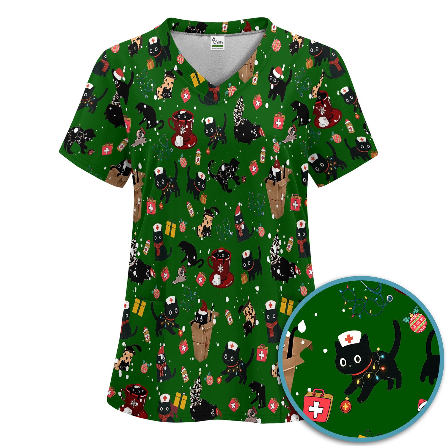 Christmas Cat Scrub Set for Nurse - Funny Black Cats Scrubs Pants and V Neck Top - Cute Holiday Medical Uniform for Women