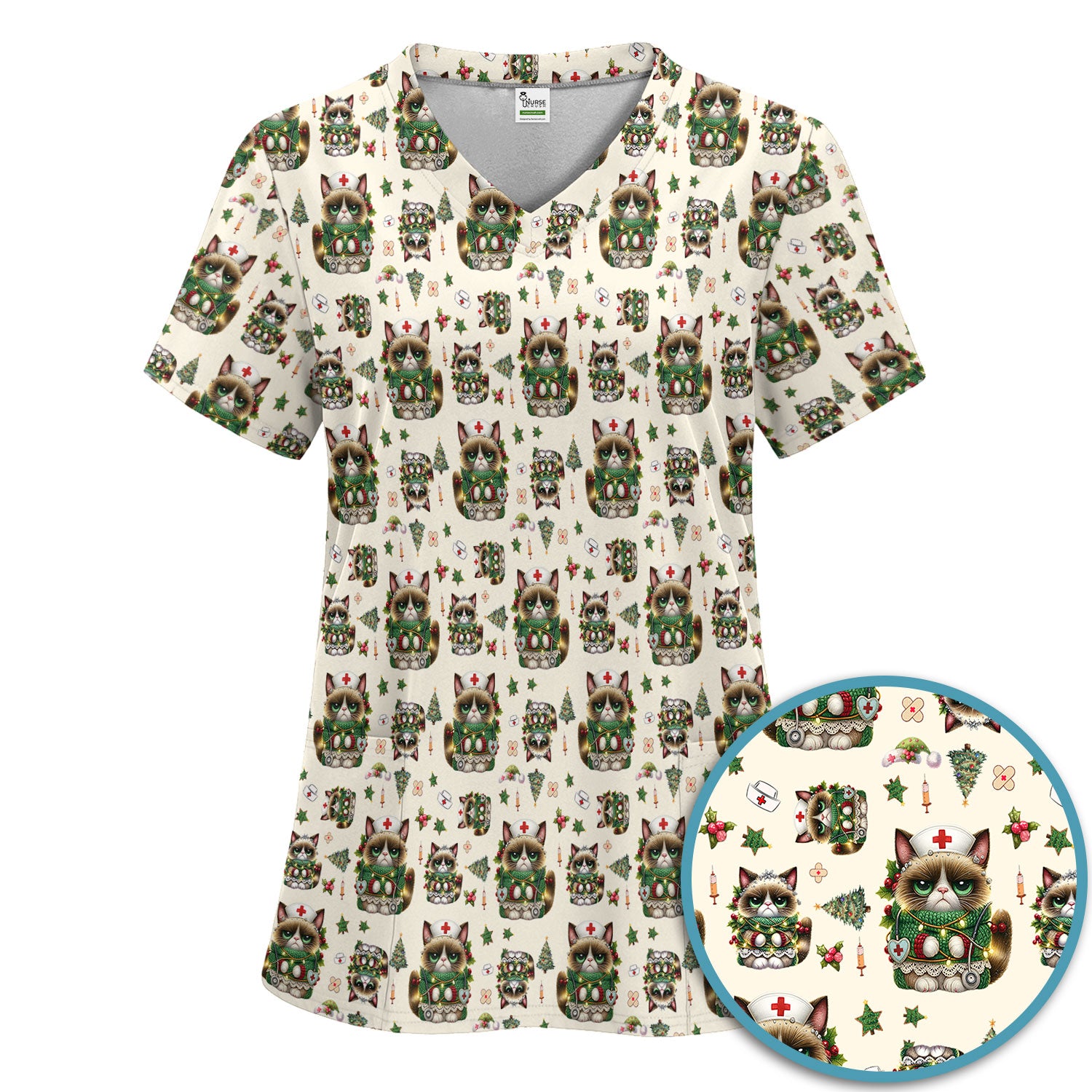 Christmas Nurse Scrub Set - Funny Cat Nursing Scrubs Pants and V Neck Top - Cute Holiday Medical Uniform for Women RN LPN CNA