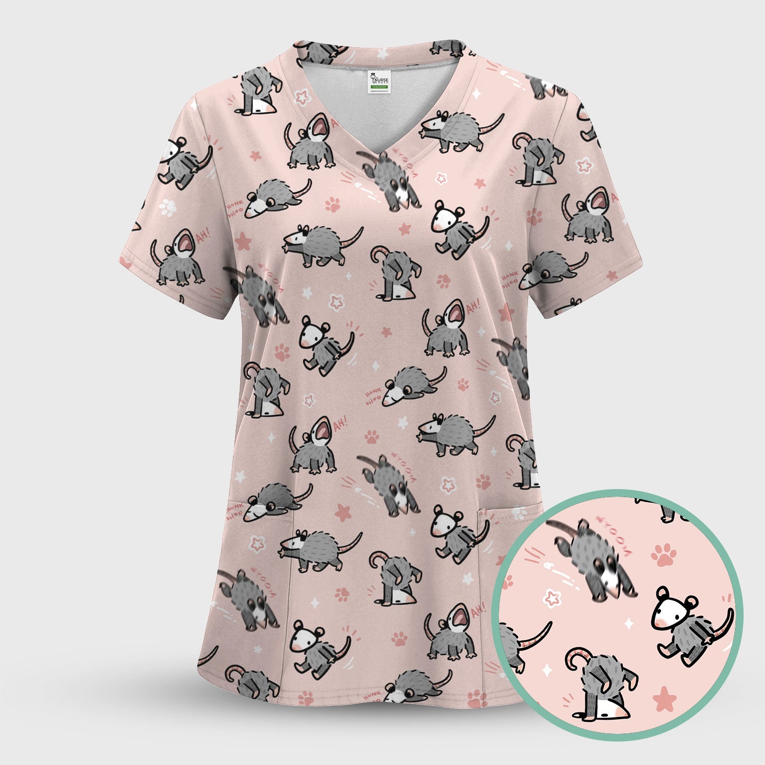 Playful Cartoon Opossum Character Pattern Scrub Top, Breathable Fabrics Nursing Uniform