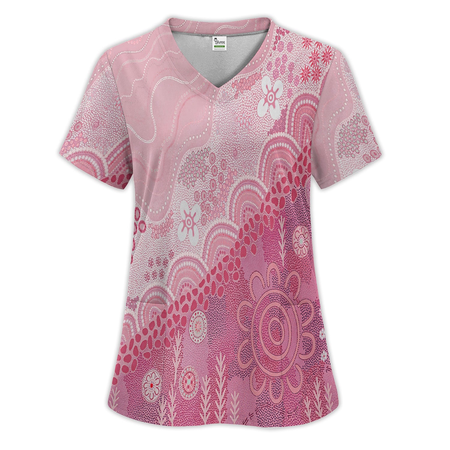 Floral Mandala Dot Pattern Women's Scrub Set, Scrub Pants and V Neck Top