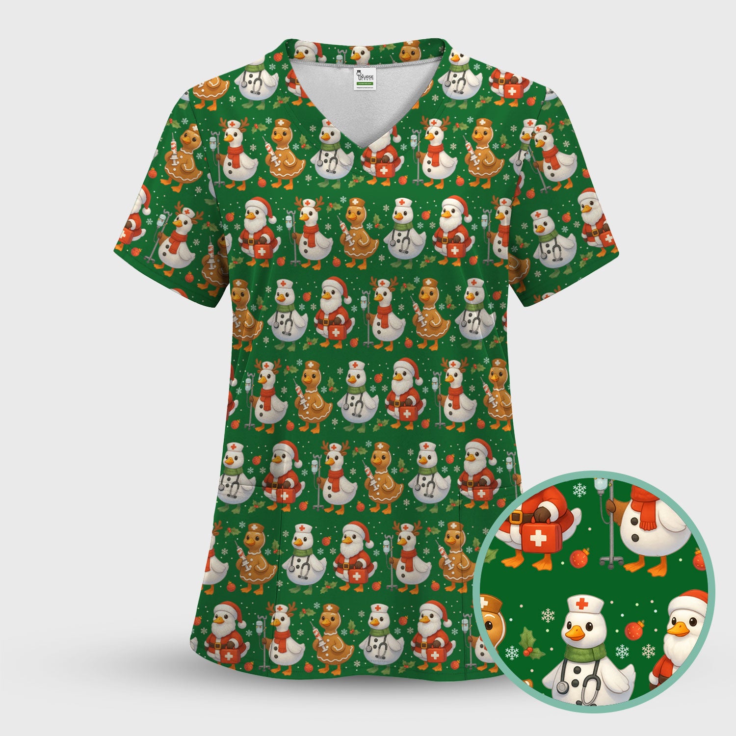 Christmas Goose Scrubs for Women - Funny Holiday Goose Pattern Medical Scrub Top - Festive Christmas Scrubs with Cute Nurse Design