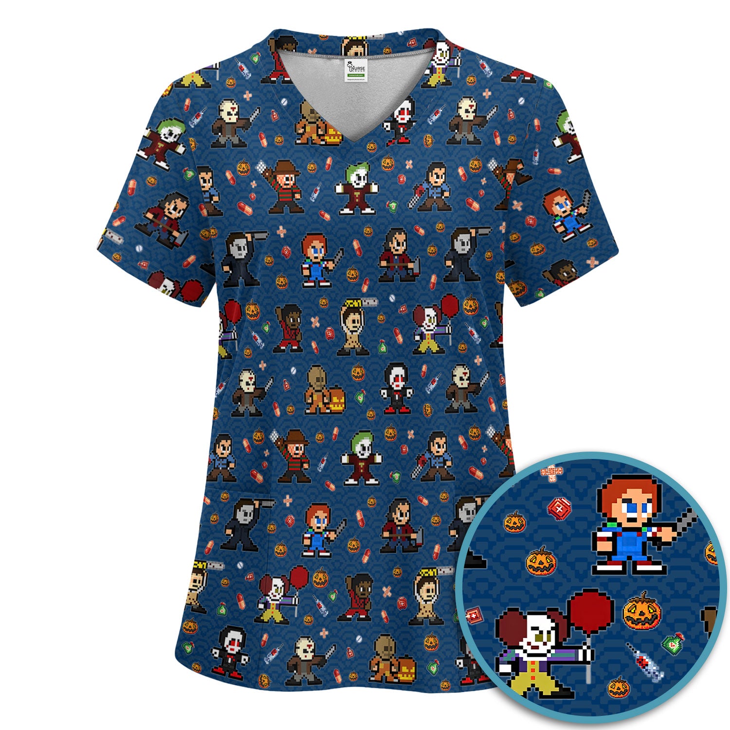 Halloween Women's Scrub Sets - Comfortable Scrubs for Nurses - Scary Character Scrub Pants and V Neck Top - Med Uniform for Her