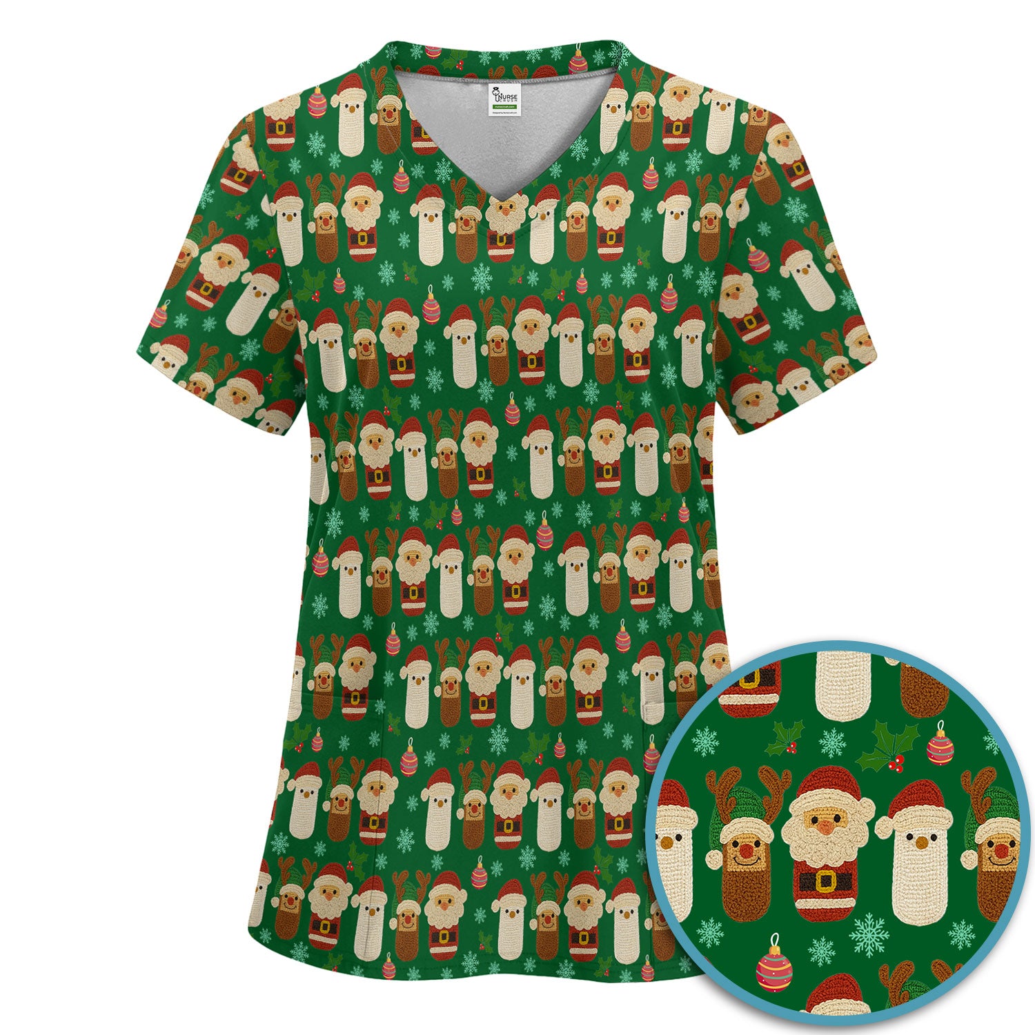 Christmas Santa Reindeer Snowman Scrub Set - Holiday Chill Pill Scrubs Pants and V Neck Top - Funny Medical Uniform for Women
