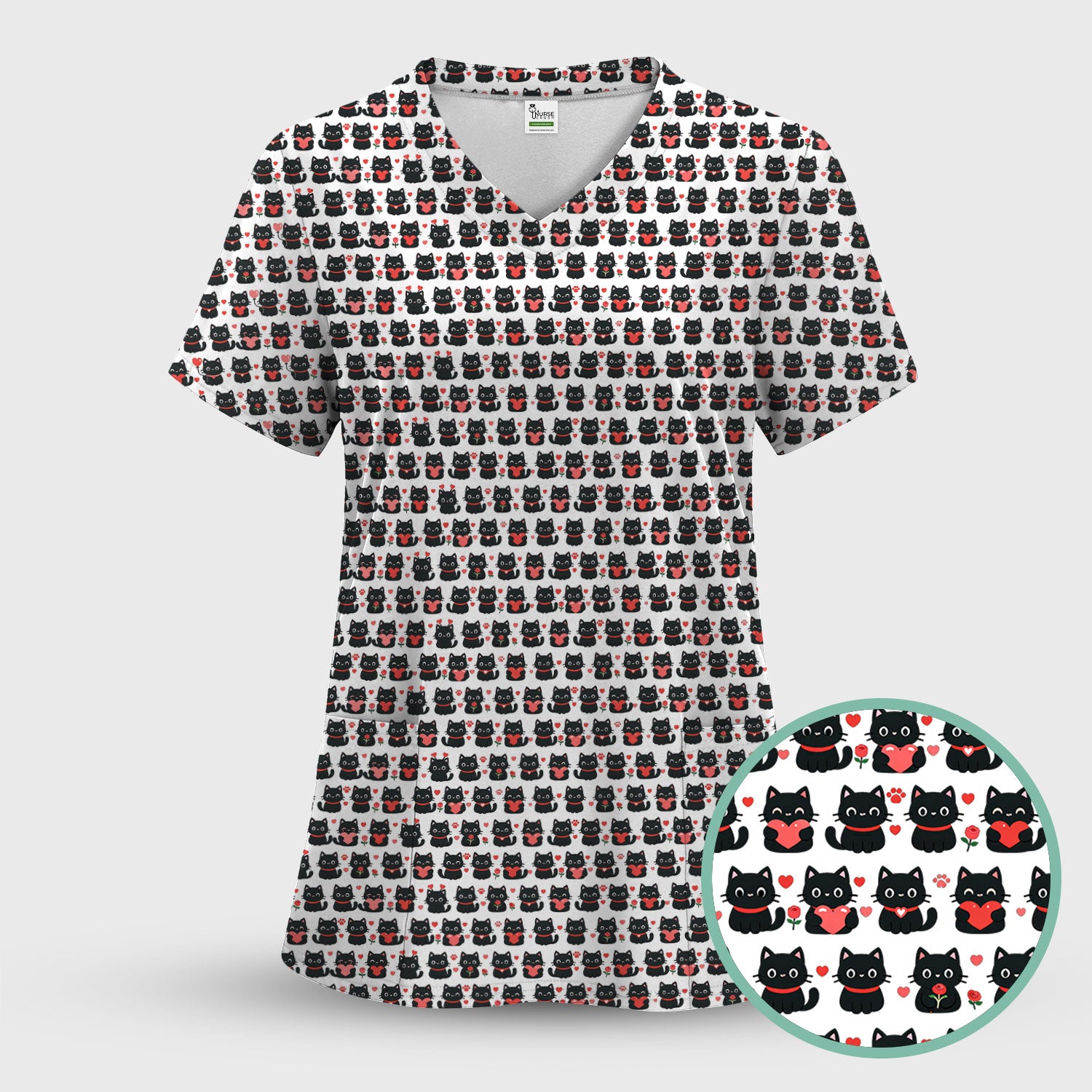 Black Cat Valentine Nurse Scrub Set, Cute Heart Pattern Medical Shirt, Breathable Fabrics Nursing Uniform