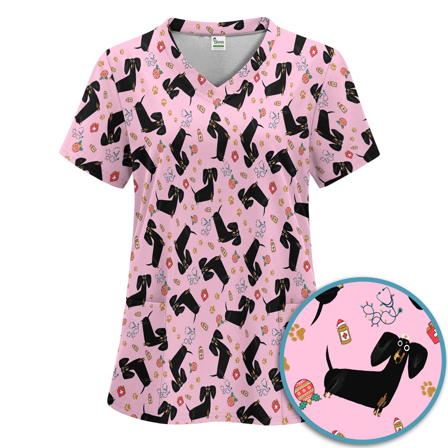 Funny Black Dachshund Scrub Set for Nurses - Cute Wiener Dog Scrubs Pants and V Neck Top - Puppy Lover Nursing Gift for Women