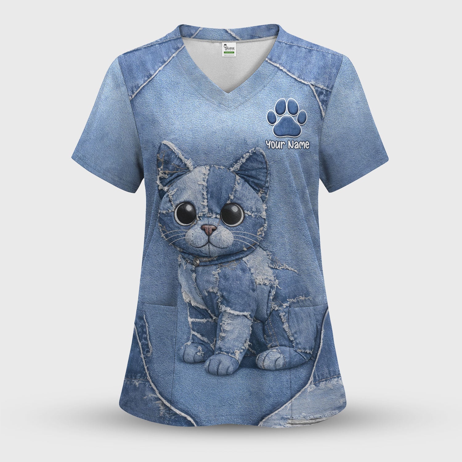 Personalized Patchwork Denim Cat Nurse Pattern Scrub Set, Scrub Pants and V Neck Top