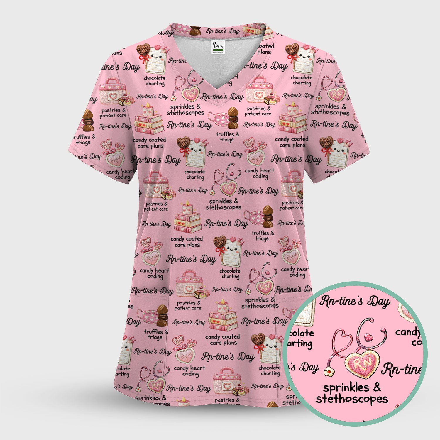 RN Sweets Valentine Stethoscope Scrub Set, Scrub Pants and V Neck Top