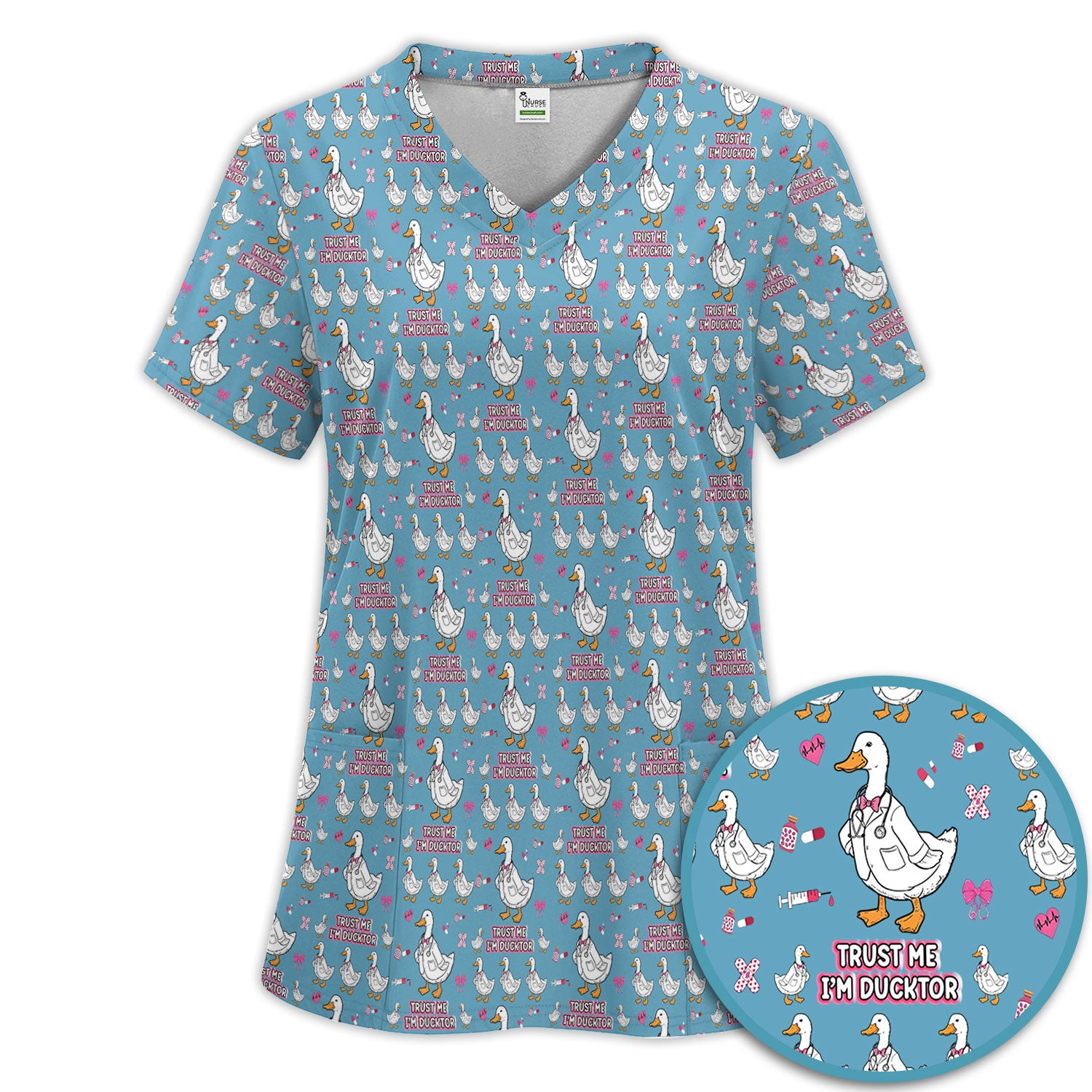 Trust Me I'm Ducktor Scrub Set, Funny Duck Pattern Scrub Shirt, Breathable Fabrics Nursing Uniform For Women